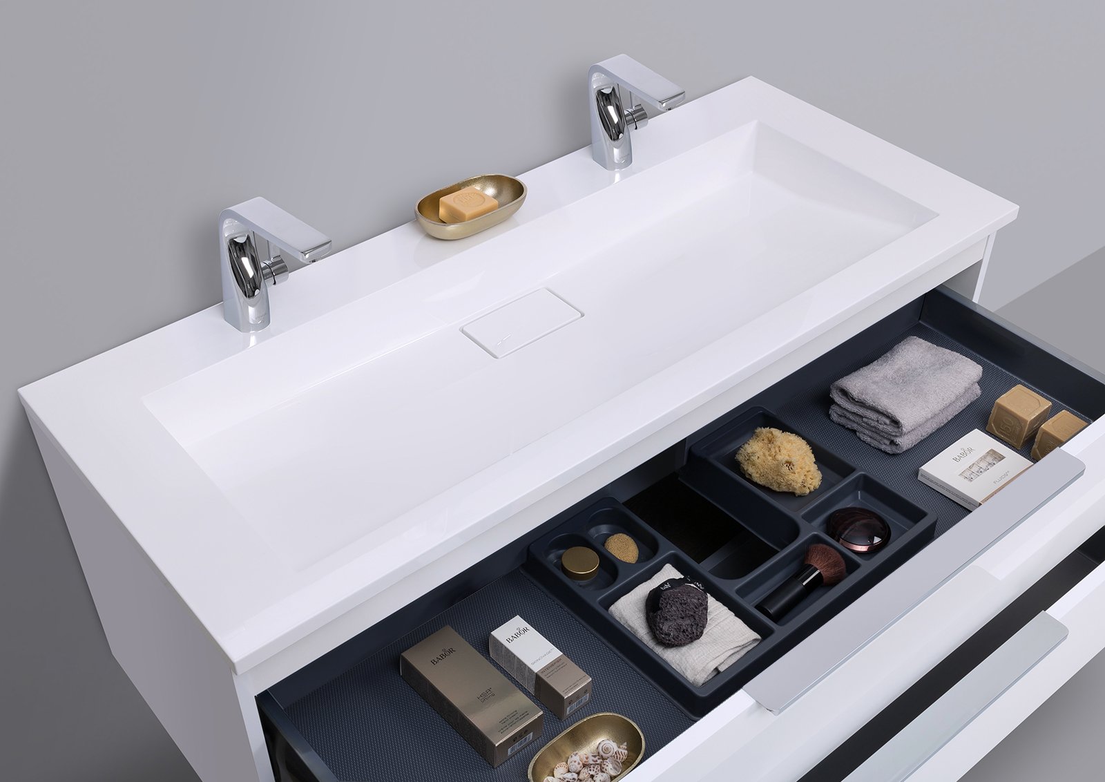 Badmöbel Set Intarbad CUBO 120 cm Doppelwaschbecken, Unterschrank und Led Spiegel Multilight