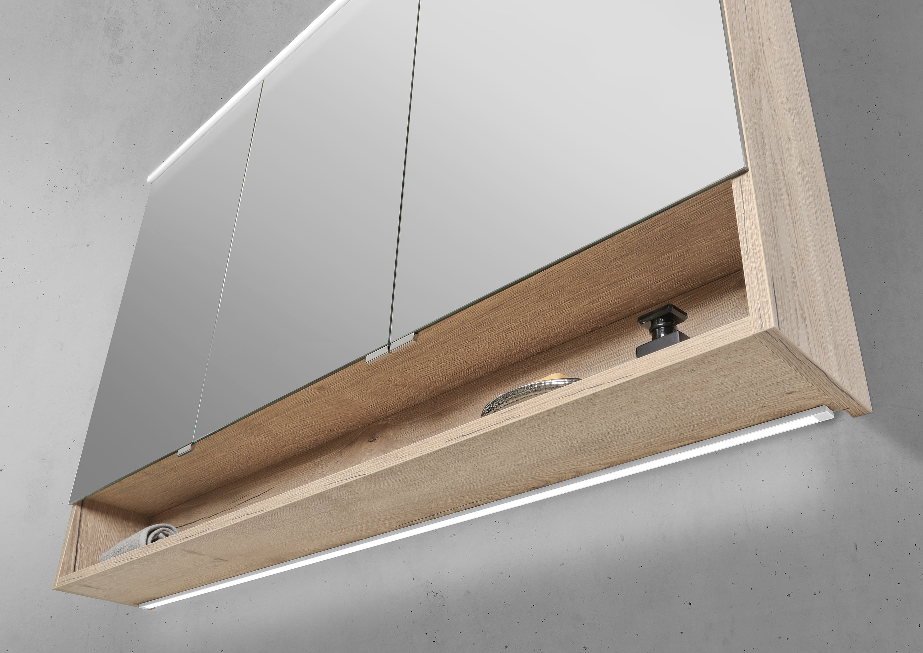 Spiegelschrank 120 cm mit offenem Fach MULTI Light LED Beleuchtung Doppelspiegeltüren