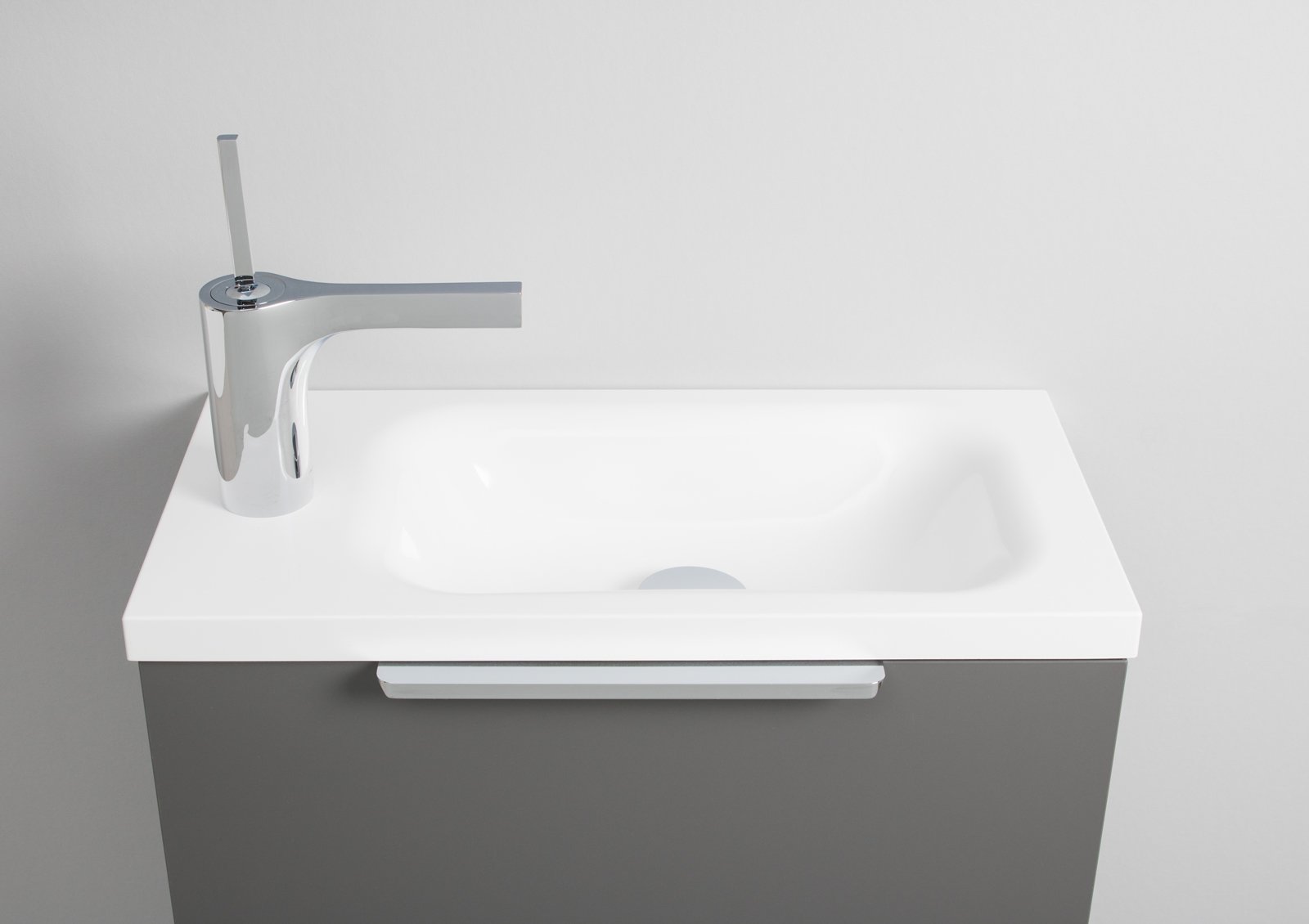 Design Gäste Waschtisch Badmöbel Rimini, Lichtspiegel LED, Grau HG Lack