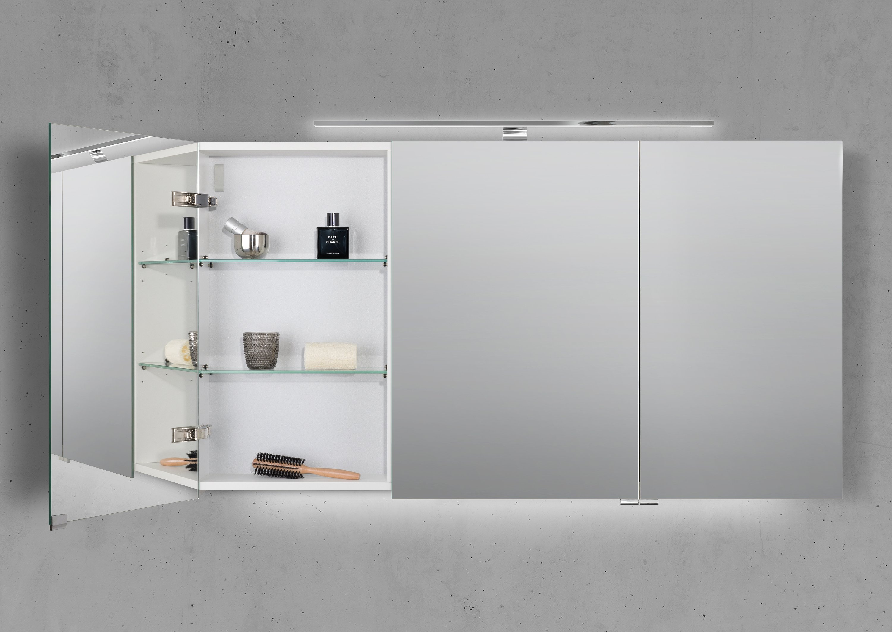 Spiegelschrank 130 cm mit LED Chrom Beleuchtung Doppelspiegeltüren