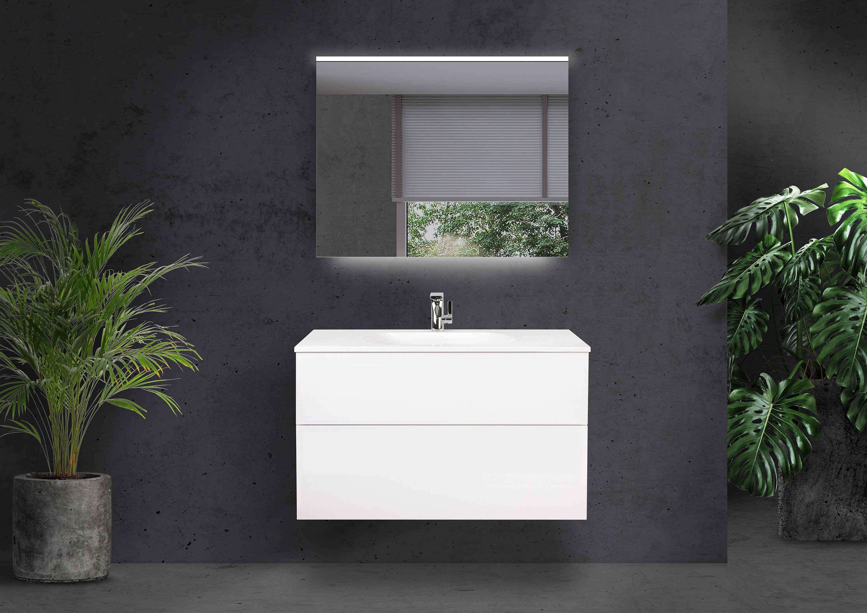 Badmöbel Set Modica 90 cm grifflos mit Evermite Waschtisch, Lichtspiegel LED, Made in Germany