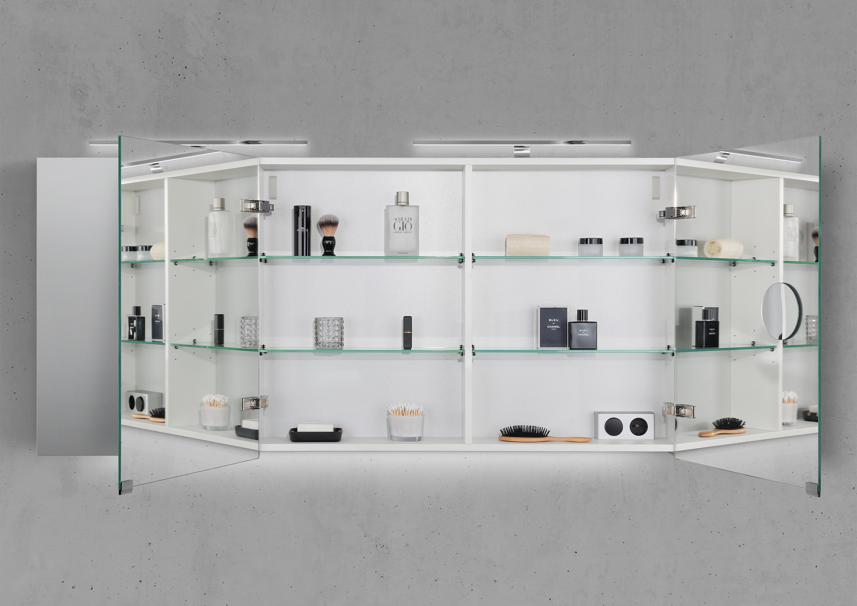 Spiegelschrank 150 cm mit 2x MULTI Light LED Chrom Beleuchtung Doppelspiegeltüren