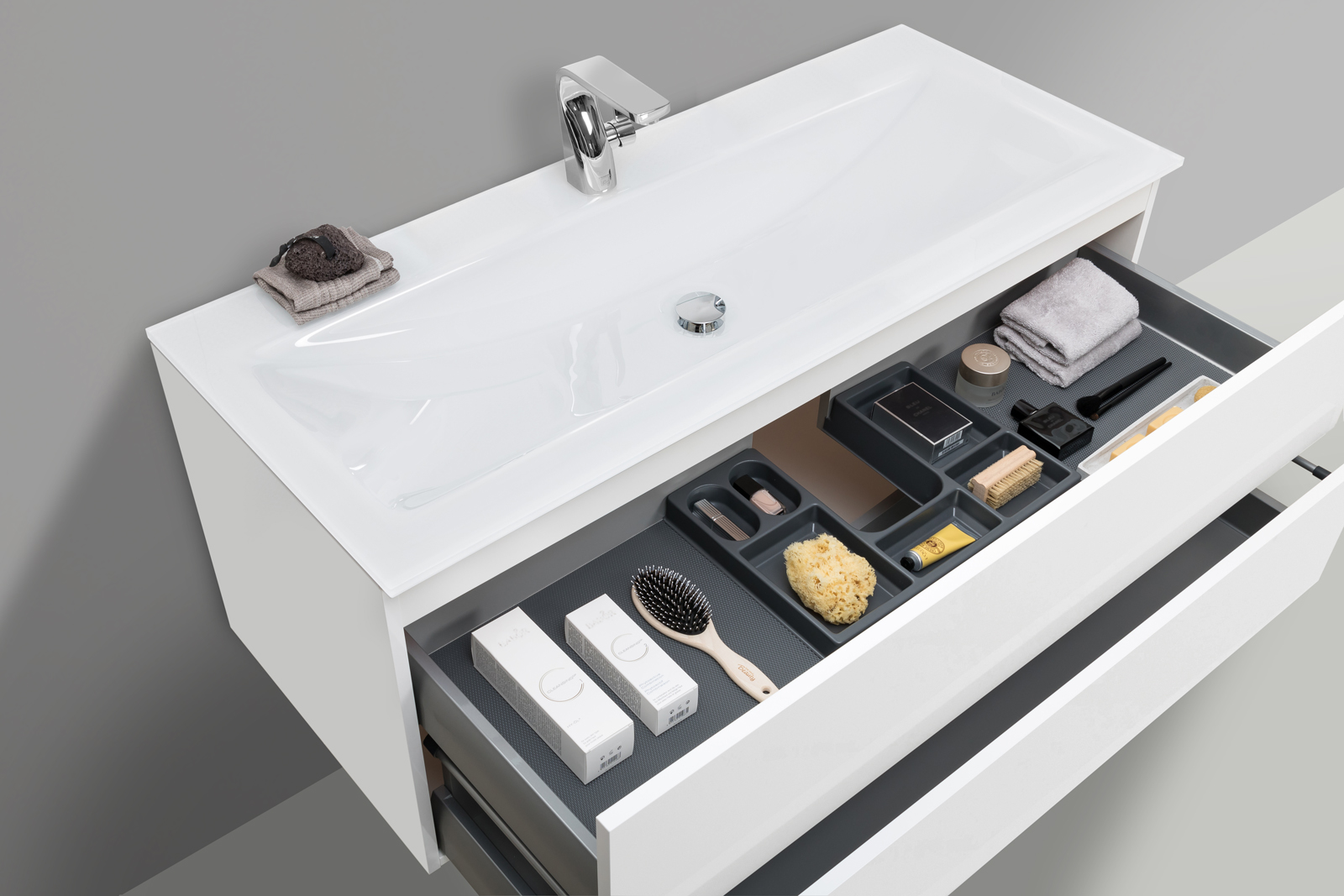 Badmöbel grifflos 120 cm Glaswaschtisch Optiwhite mit Unterschrank, Waschtisch Set