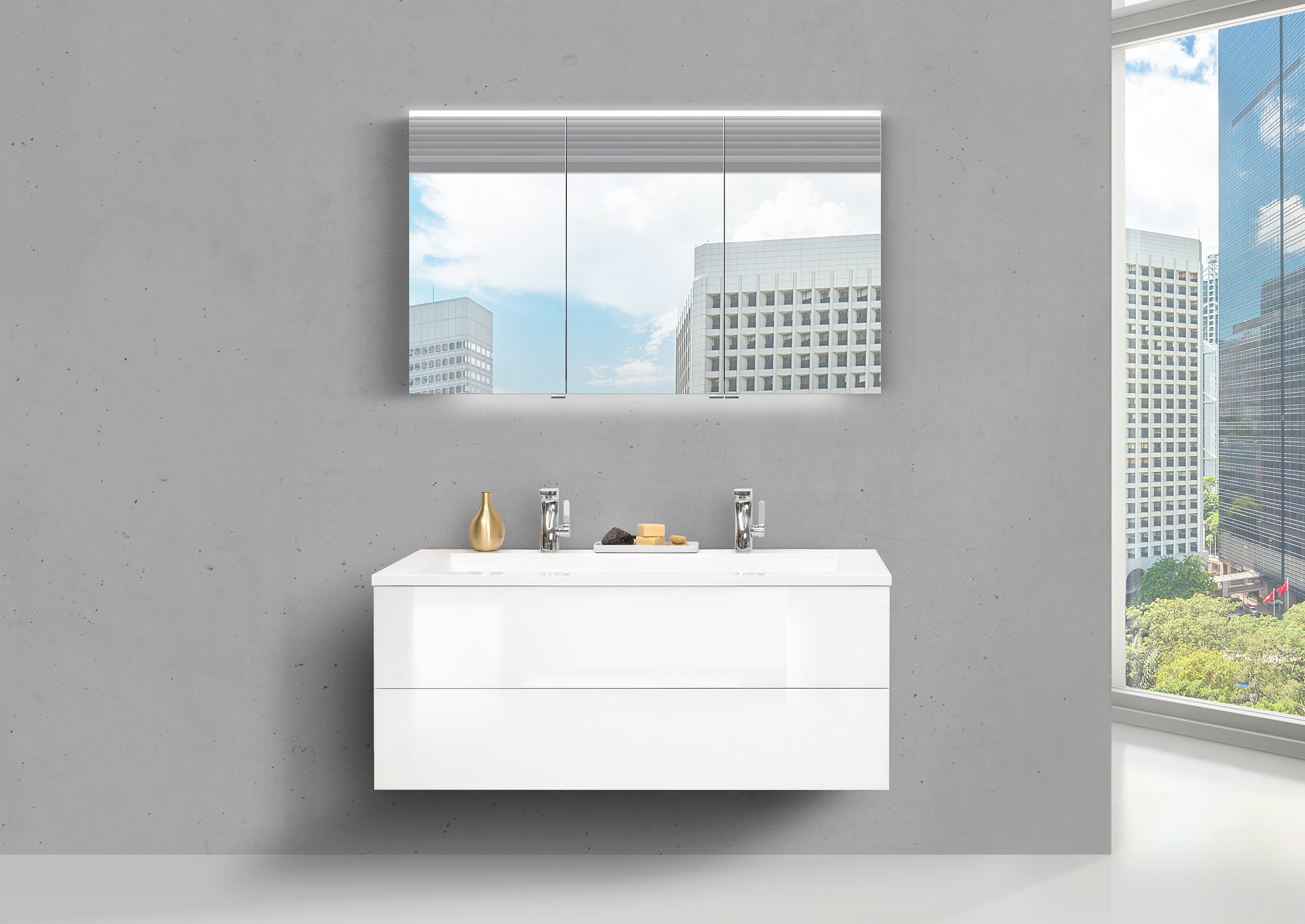Doppelwaschtisch 120 cm Badmöbelset Cubo, grifflos mit Push to Open, Spiegelschrank Multilight