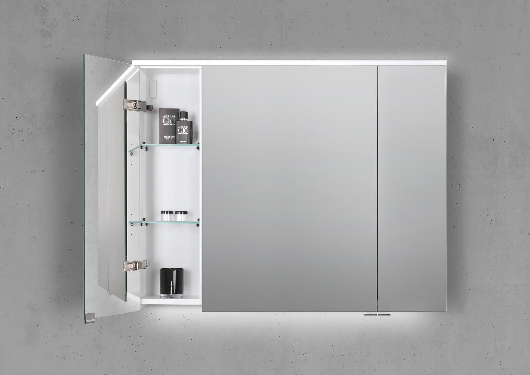 Spiegelschrank 90 cm 3 türig mit integrierter MULTI Light LED Beleuchtung Doppelspiegeltüren