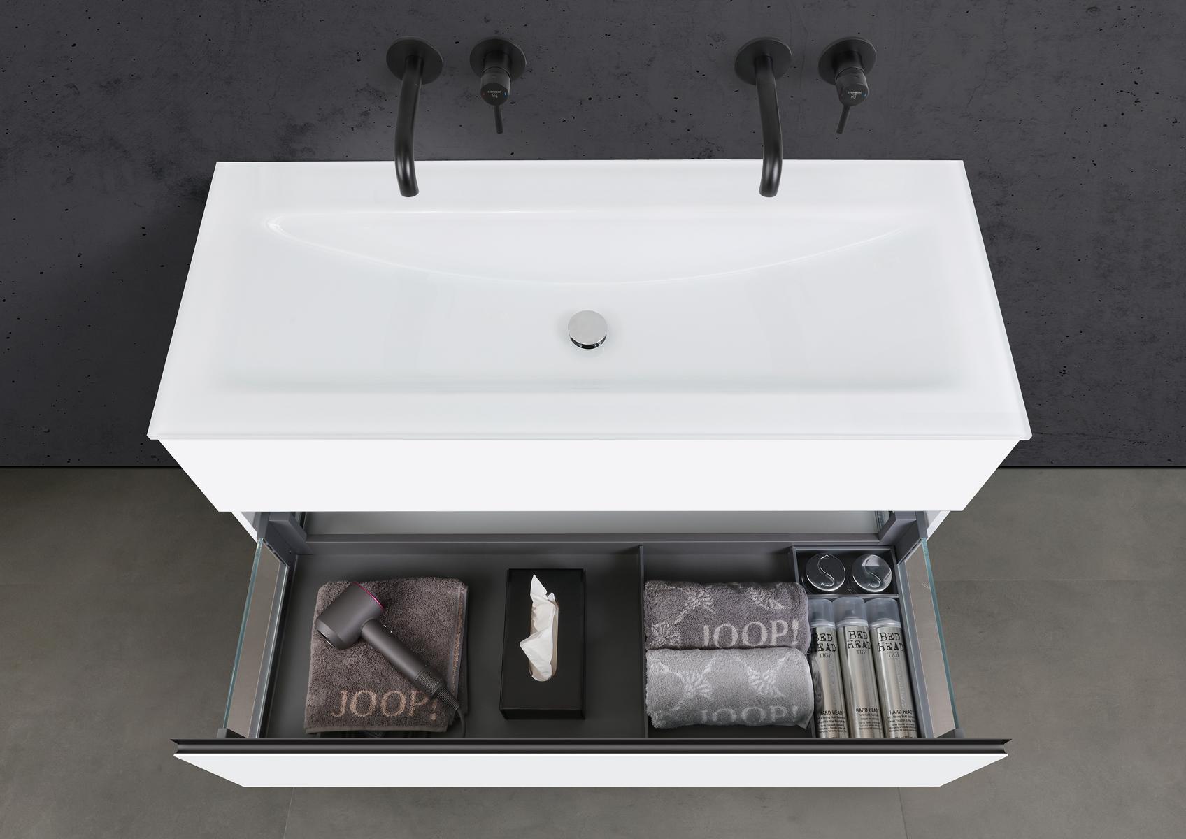 Badmöbel Set Saphir 120 cm Doppelwaschtisch & Unterschrank in Weiß Matt Lack mit Aluminium-Griffleiste schwarz