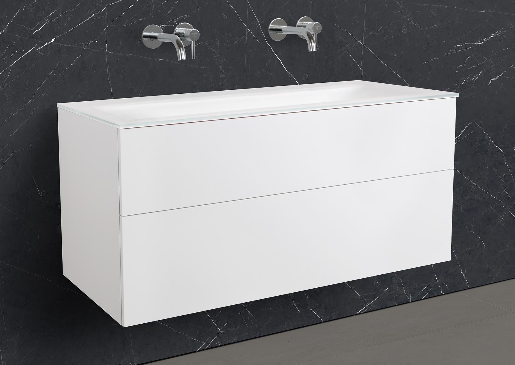 Saphir - Badmöbelset 120 cm mit Glaswaschbecken (Doppel) und grifflosem Unterschrank