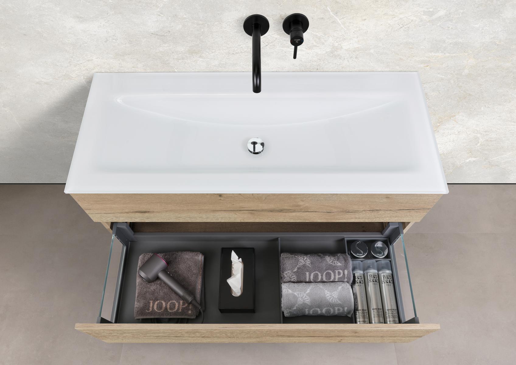 Saphir - Badmöbelset 120 cm mit Glaswaschbecken (Einzel) und grifflosem Unterschrank