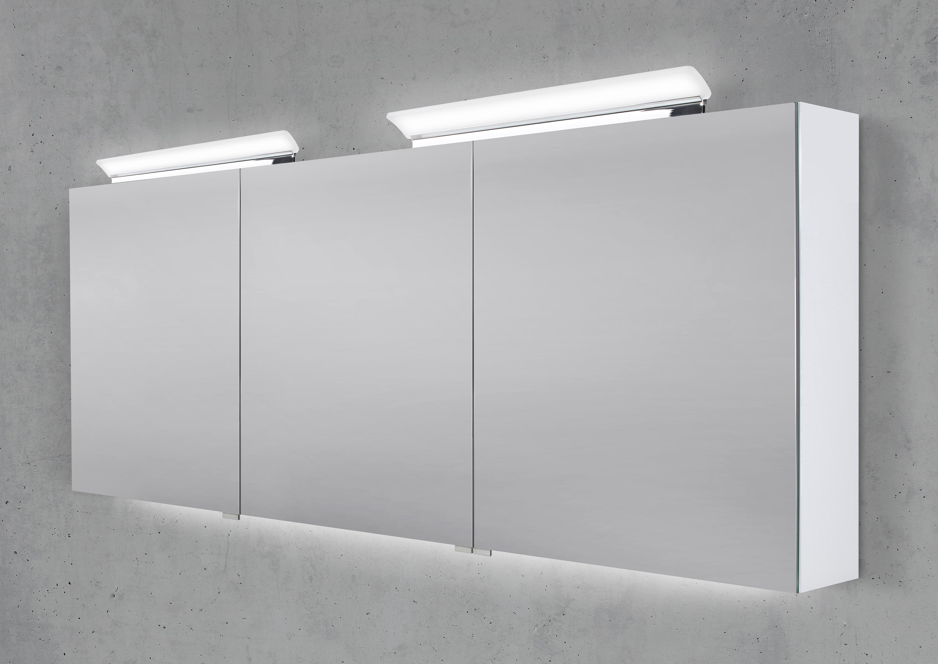 Spiegelschrank 180 cm 2x LED Acryl Aufsatzleuchte doppelseitig verspiegelt