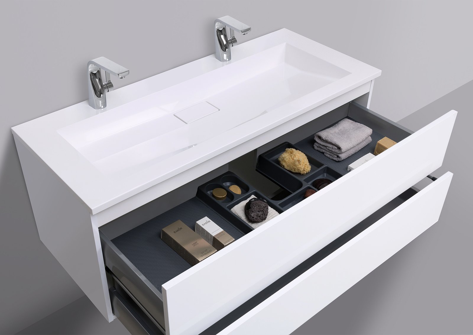 Intarbad CUBO Design Badmöbel Set grifflos, 120 cm Doppelwaschtisch Evermite LED Spiegel
