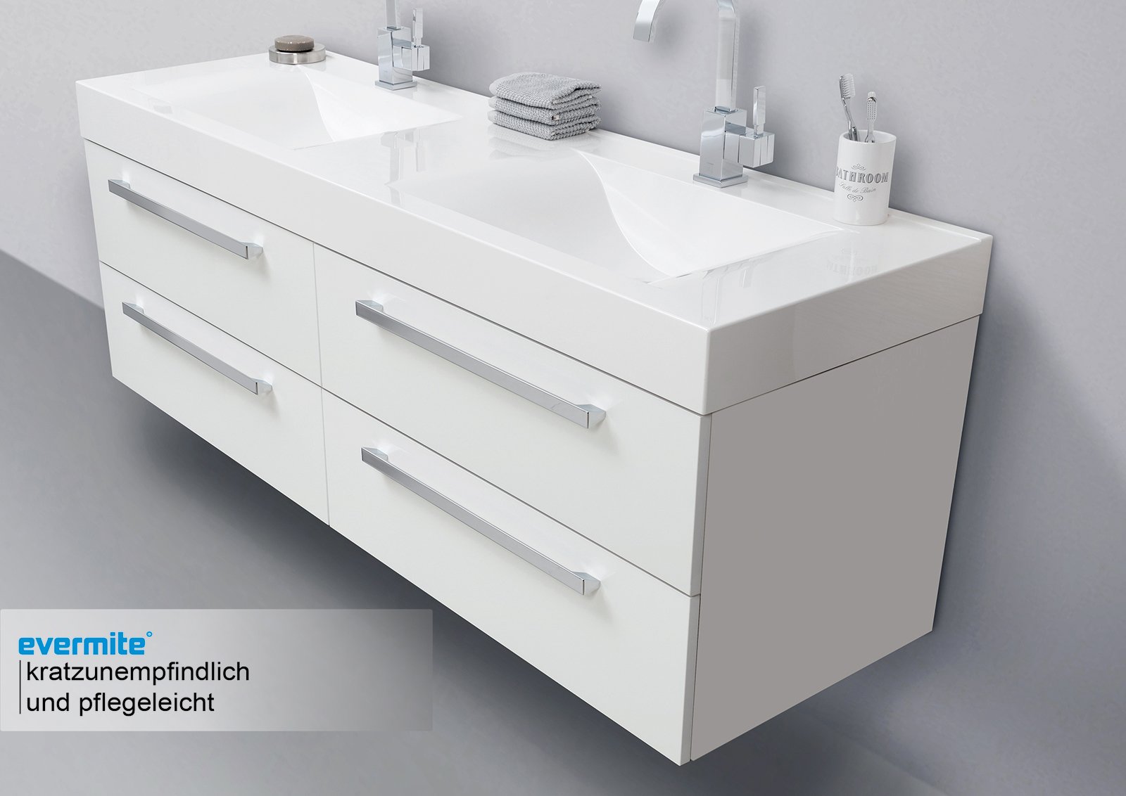 Badmöbel Set Doppelwaschtisch 160 cm mit 4 Auszügen MULTI Light LED Spiegelschrank