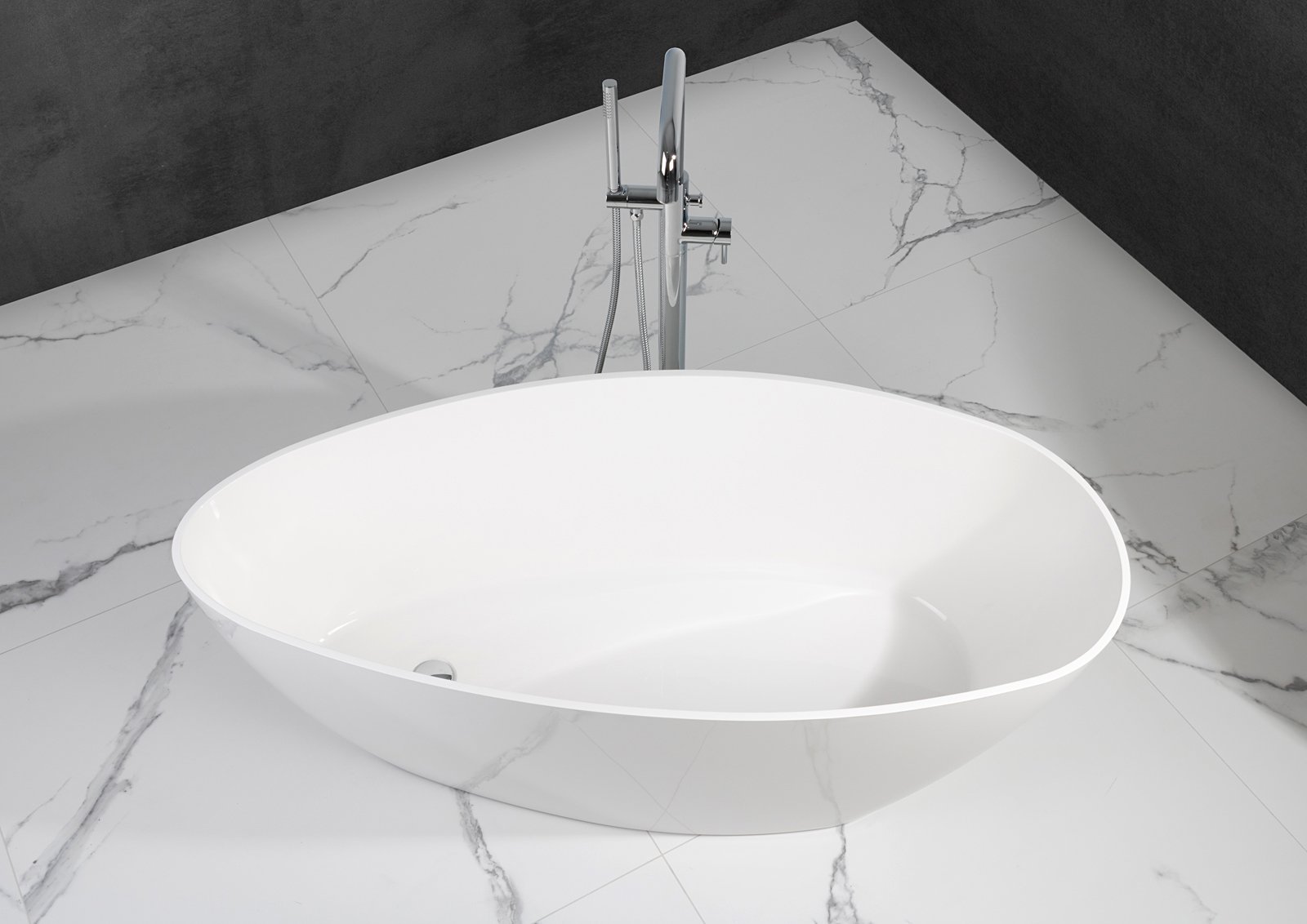 Freistehende Badewanne aus Mineralguss 157x70x57,2 cm in Weiß Matt