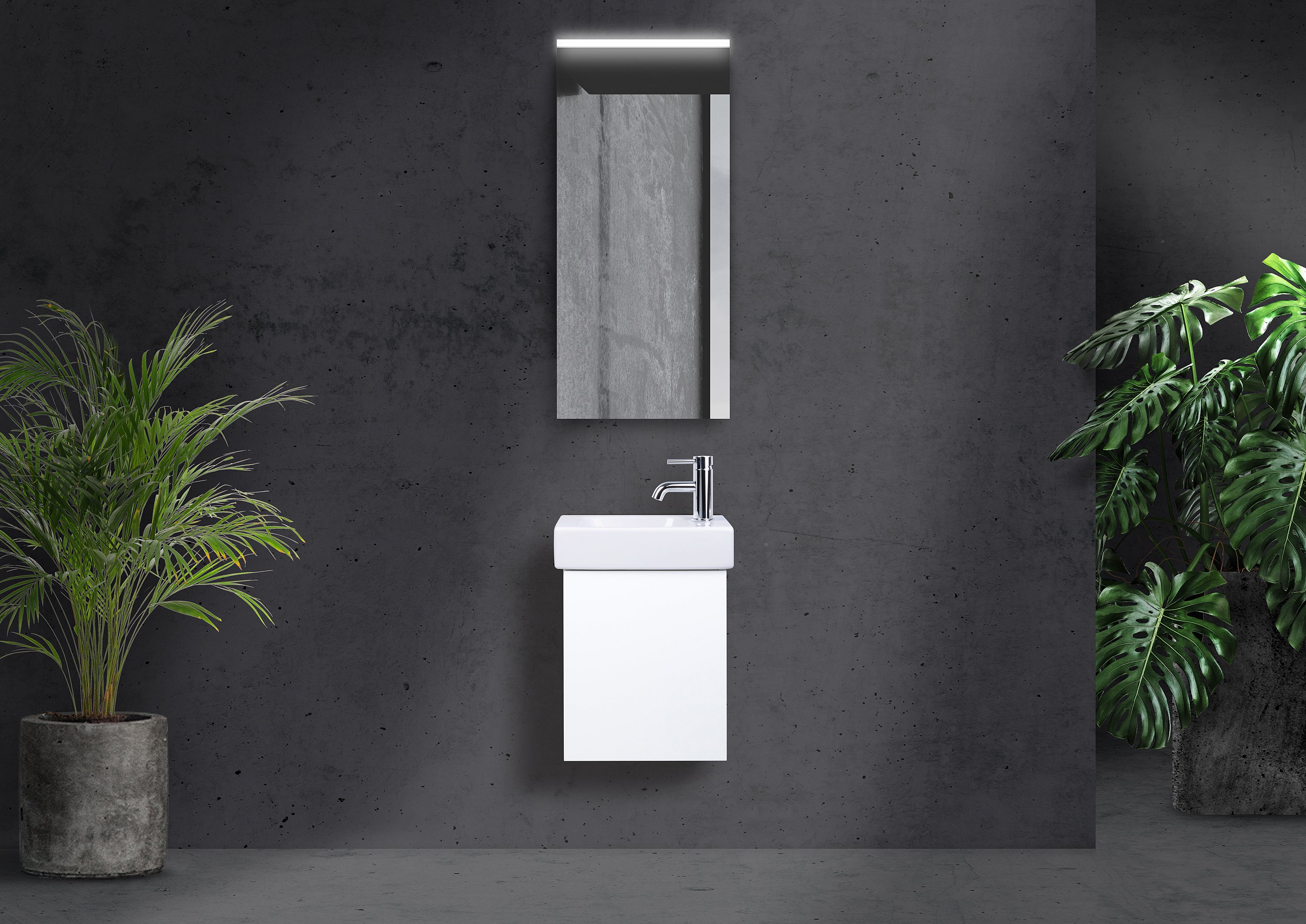 Geberit Icon XS 38x28 cm Waschbecken, Gäste WC Badmöbel grifflos, mit LED Lichtspiegel