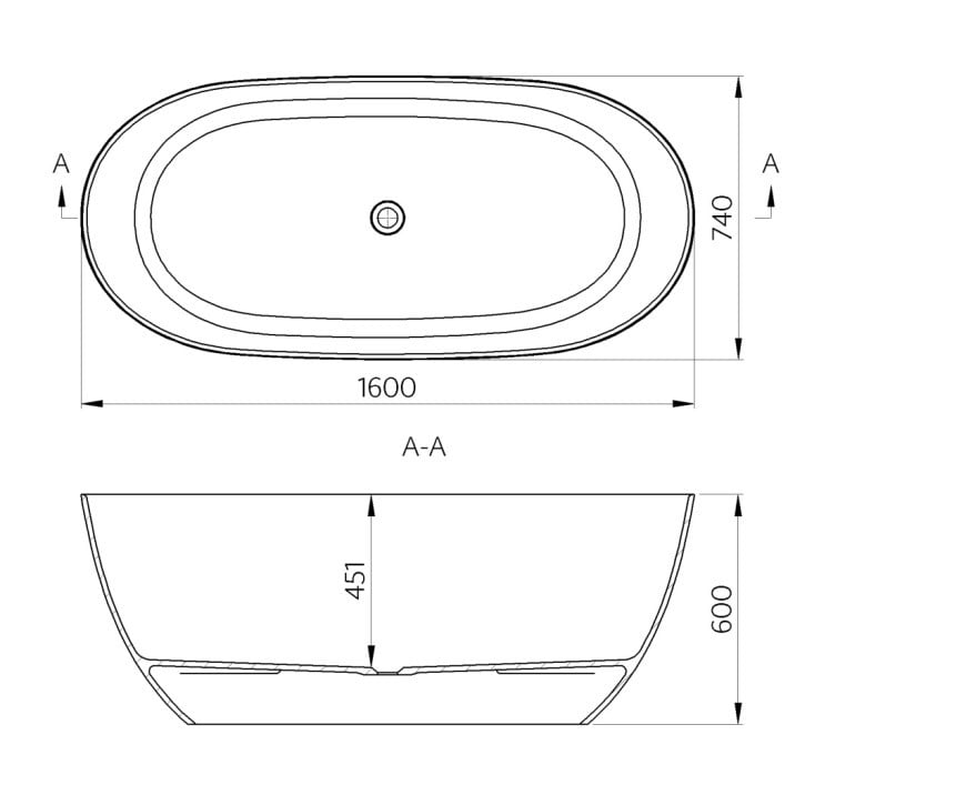 Freistehende Badewanne aus Mineralguss 160x74x60 cm in Weiß Glanz oder Matt