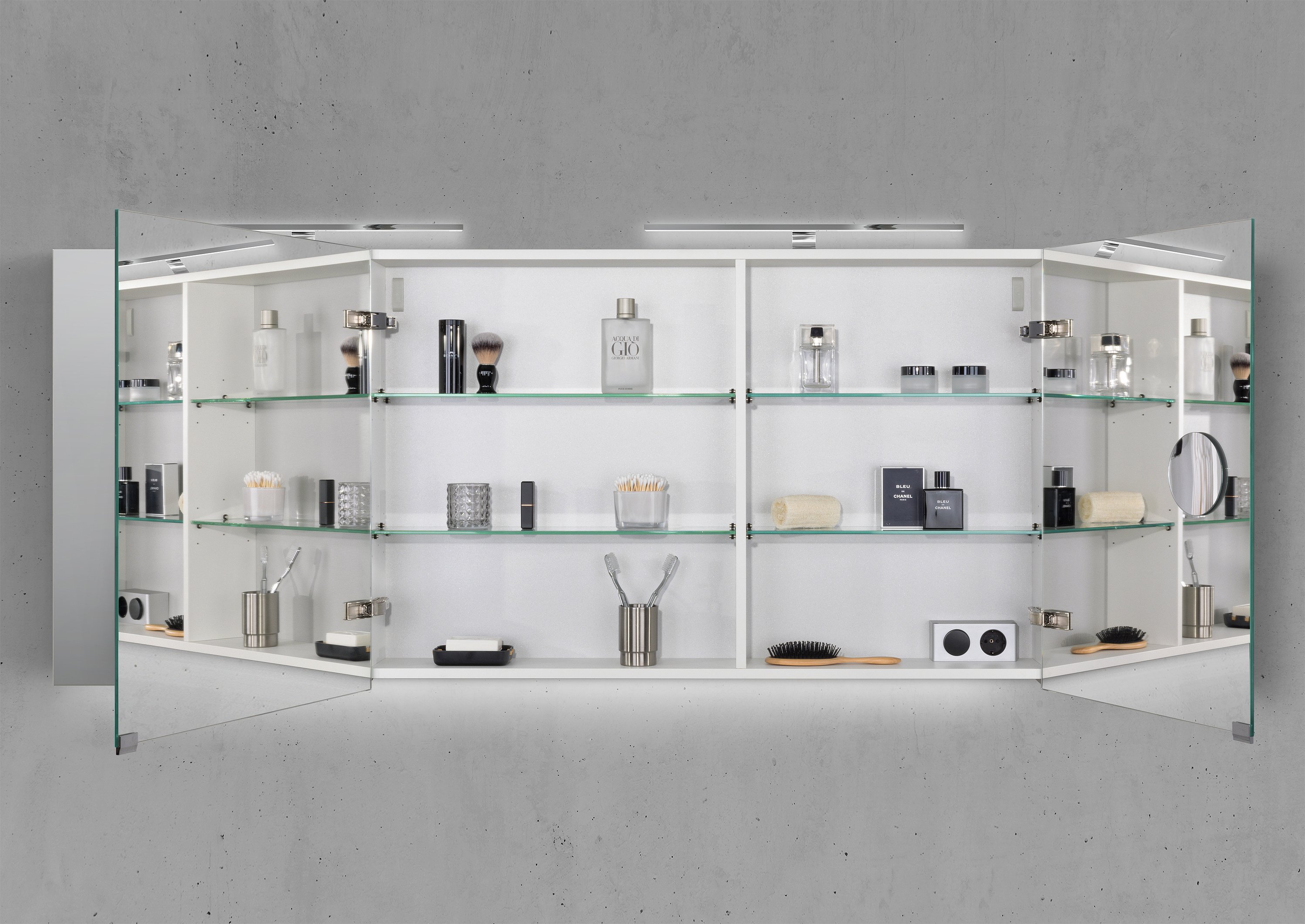 Spiegelschrank 160 cm mit 2x MULTI Light LED Chrom Beleuchtung Doppelspiegeltüren