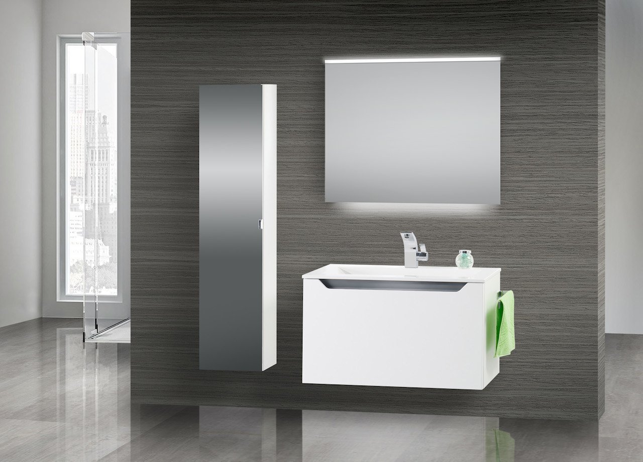 Design Badmöbel Set Waschtisch 80 cm, Grau Hochglanz Griffleiste