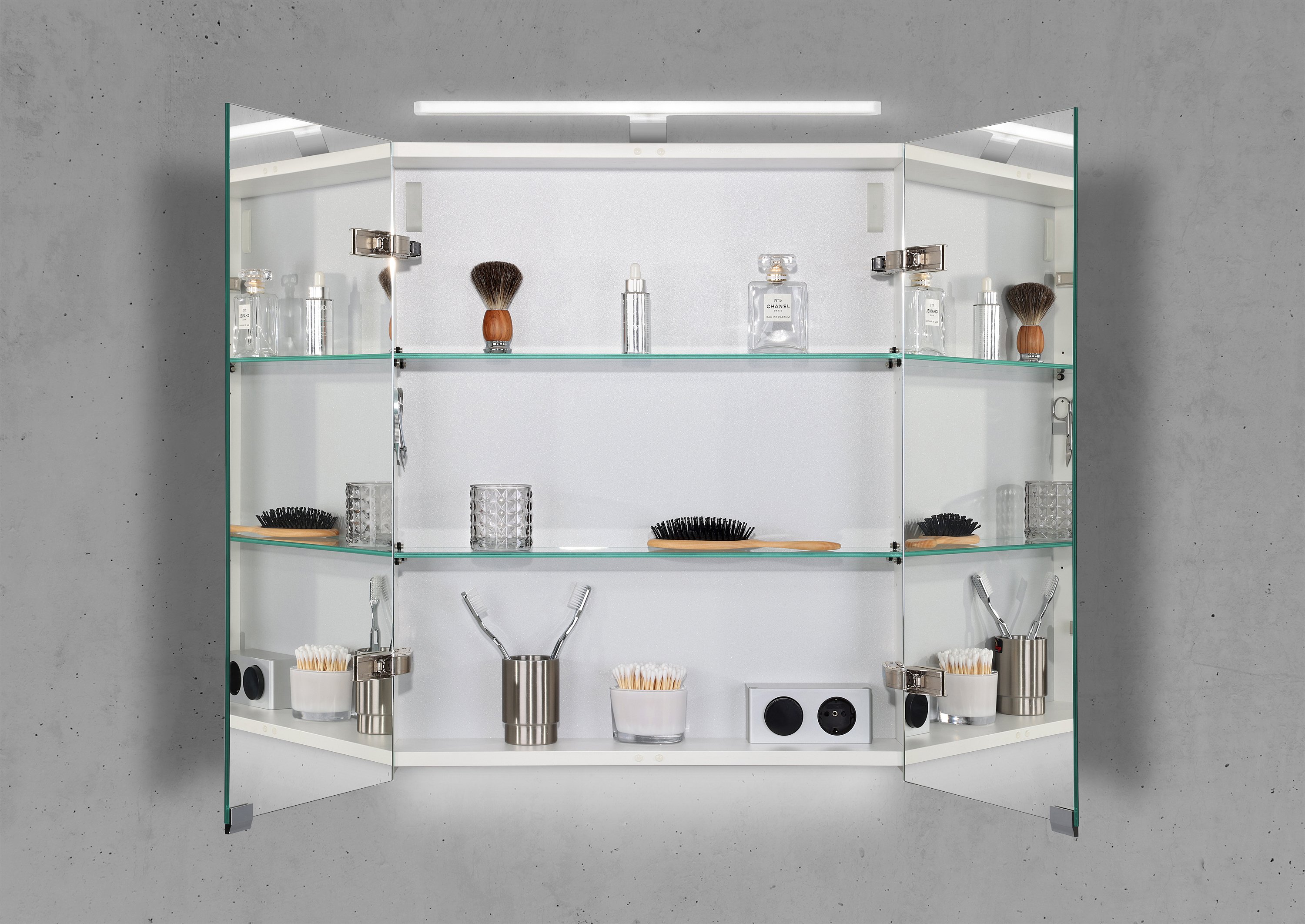 Spiegelschrank 60 cm MULTI LED Acryl Aufsatzleuchte Doppelspiegeltüren