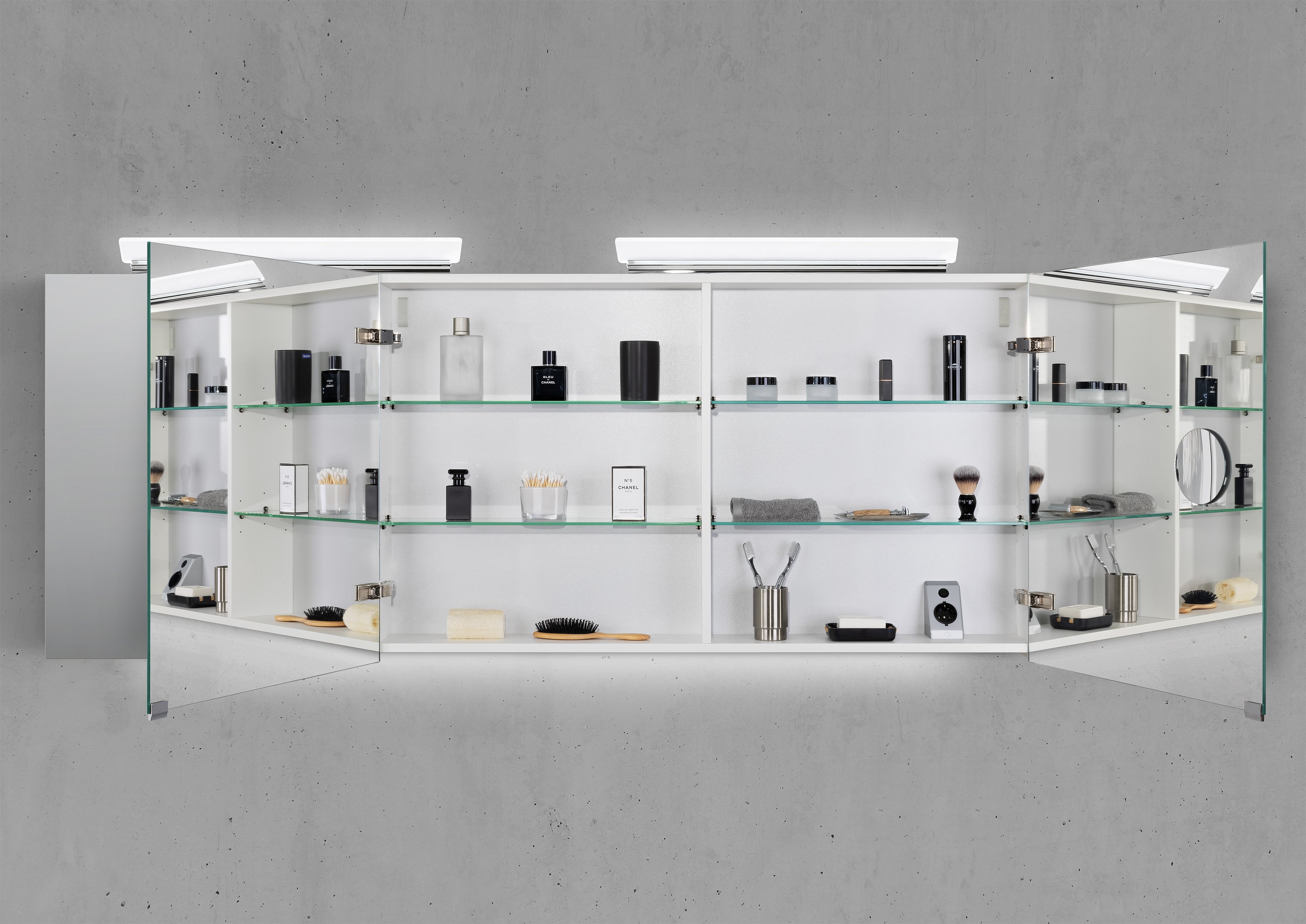 Spiegelschrank 180 cm 2x LED Acryl Aufsatzleuchte doppelseitig verspiegelt