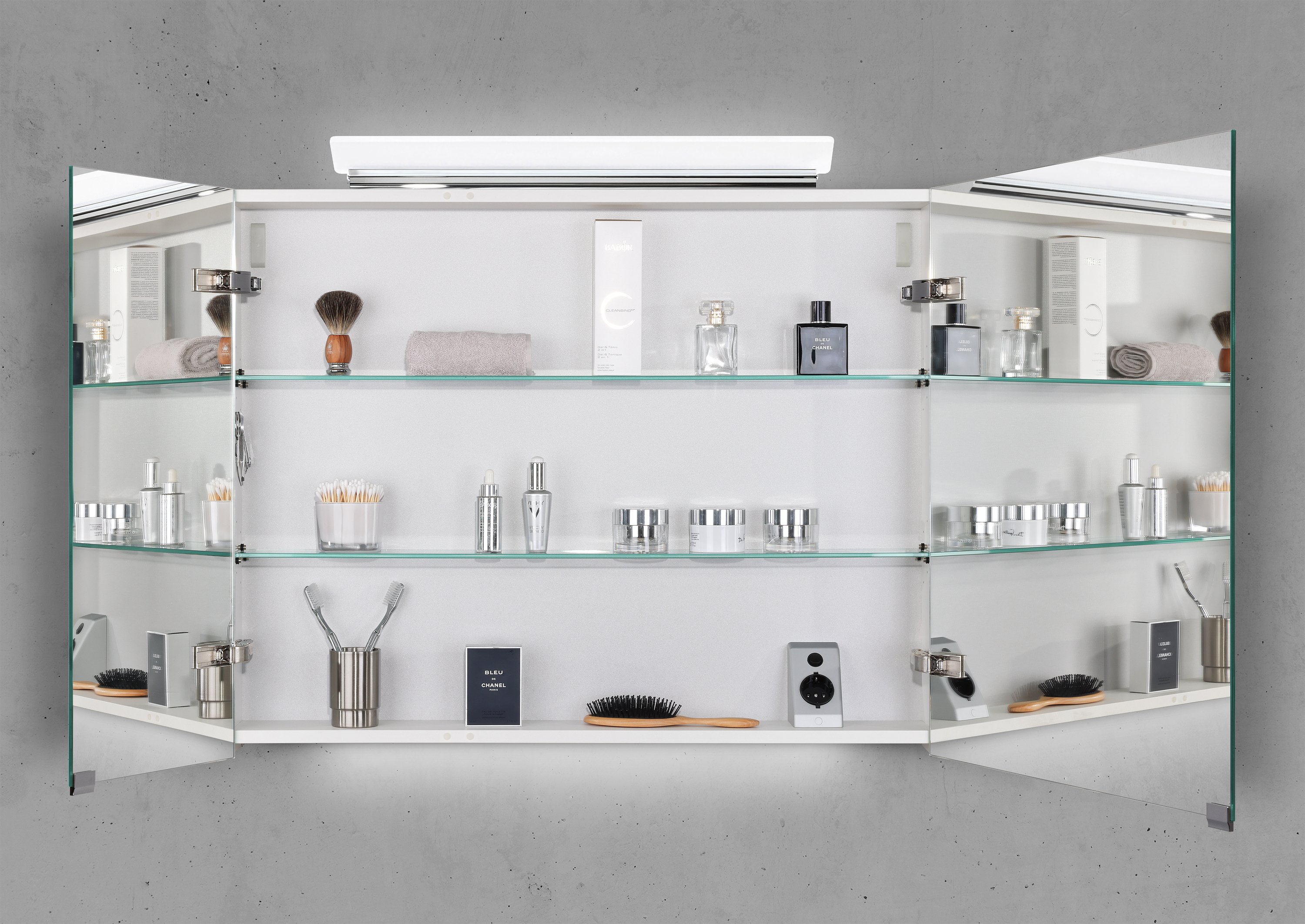 Spiegelschrank 90 cm LED Acryl Aufsatzleuchte doppelseitig verspiegelt