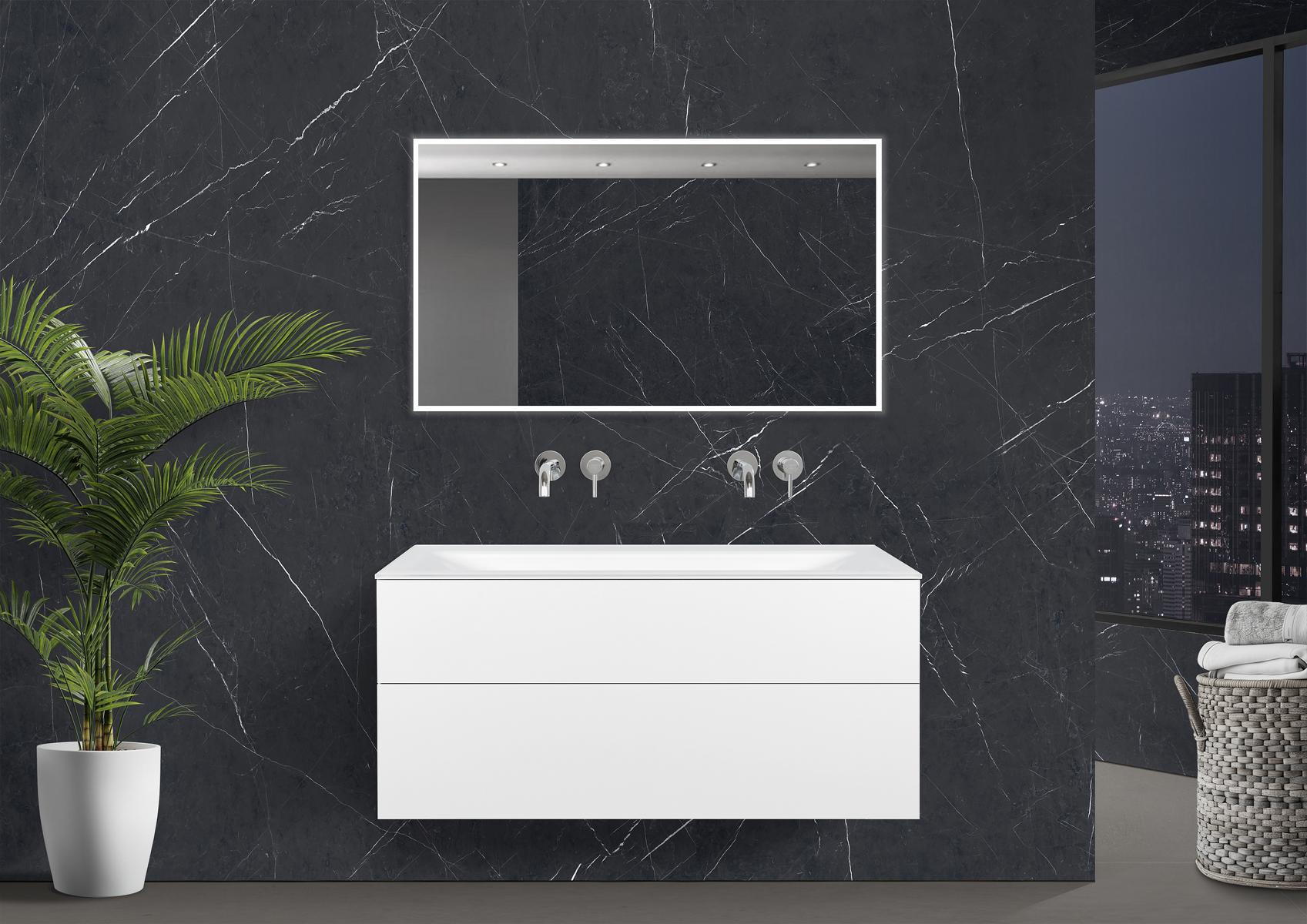Saphir - Badmöbelset 120 cm mit Glaswaschbecken (Doppel), griffloser Unterschrank und Lichtspiegel