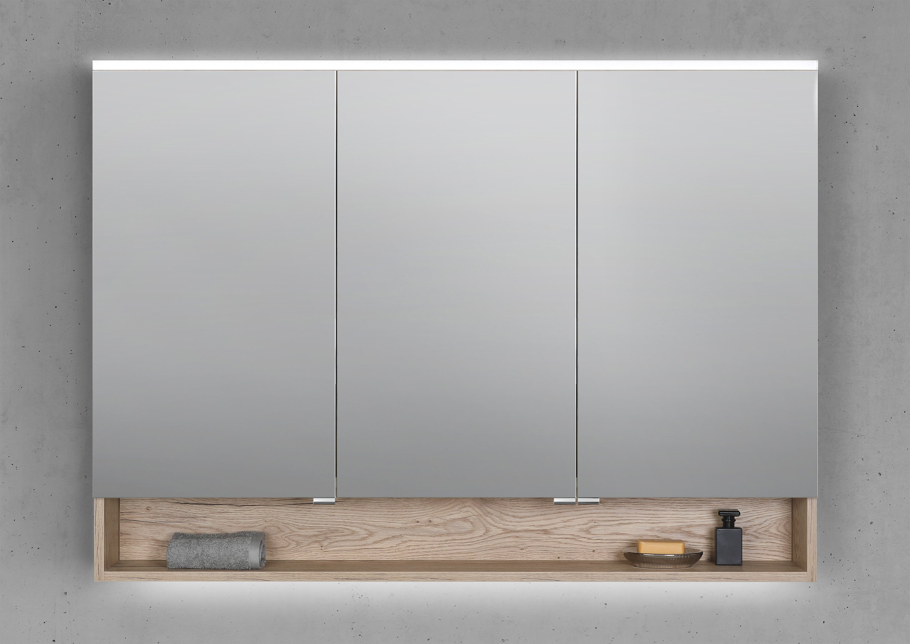 Spiegelschrank 120 cm mit offenem Fach MULTI Light LED Beleuchtung Doppelspiegeltüren