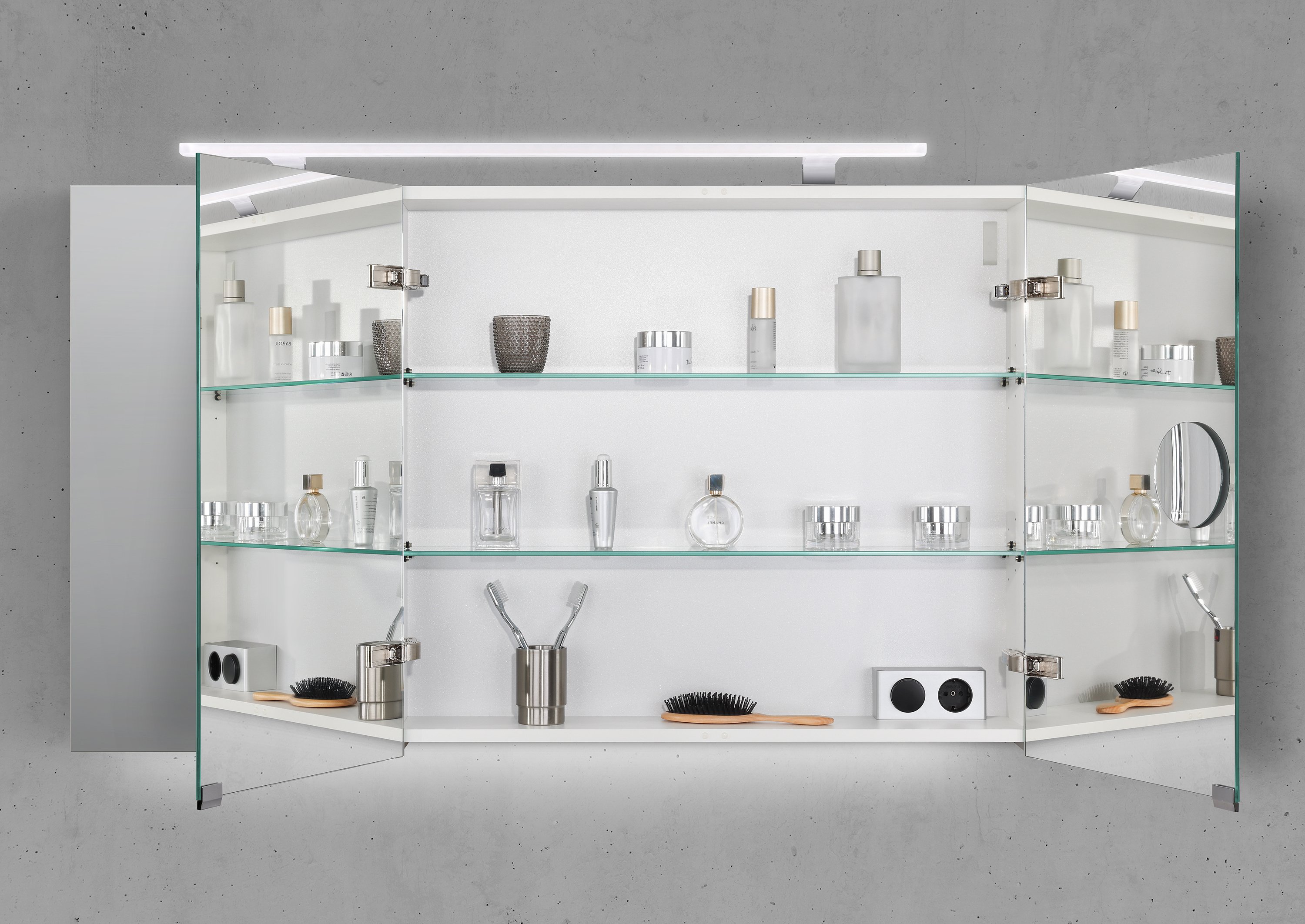 Spiegelschrank 120 cm mit MULTI LED Acryl Aufsatzleuchte Doppelspiegeltüren