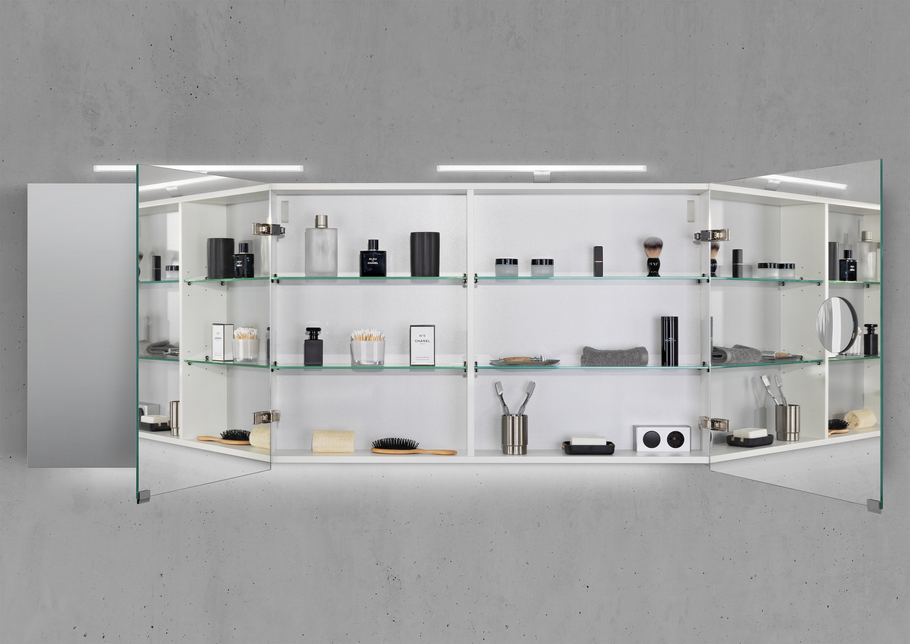 Spiegelschrank 170 cm 2x MULTI LED Acryl Aufsatzleuchte Doppelspiegeltüren