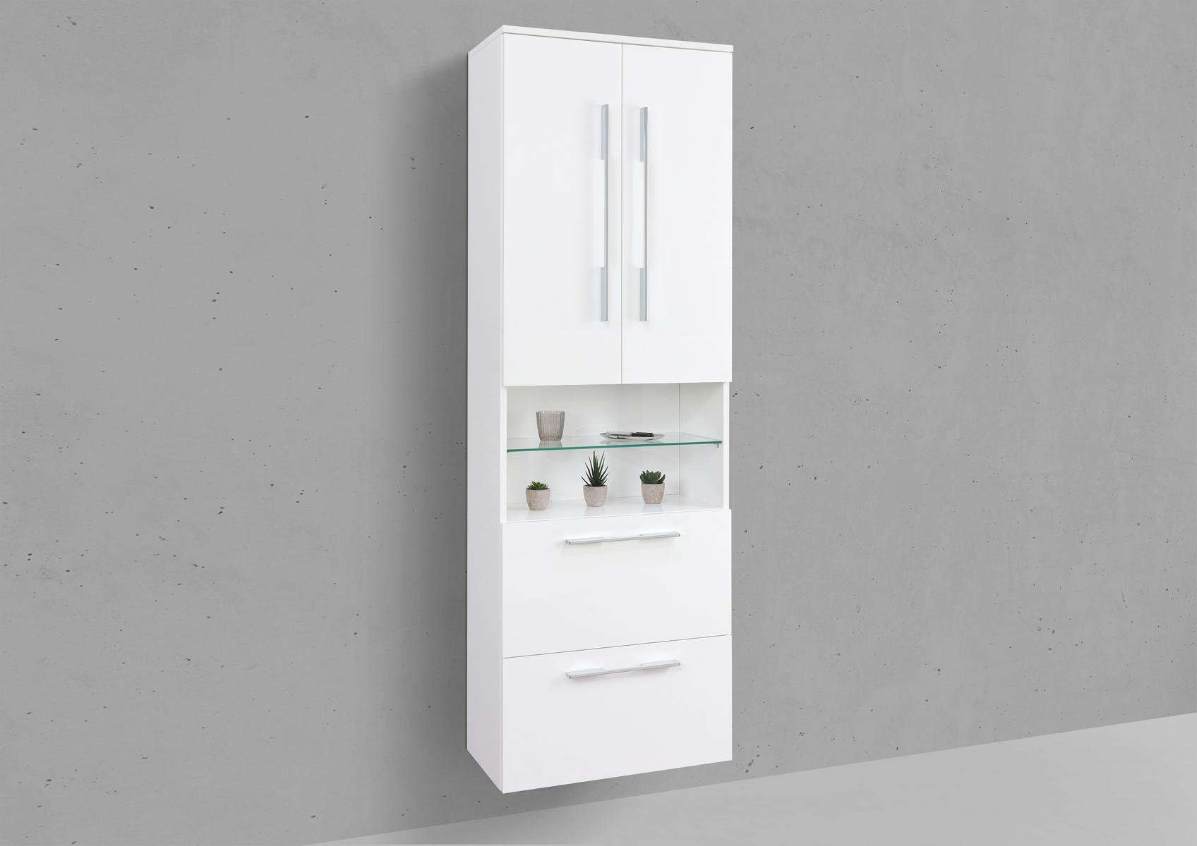 Seitenschrank/Hochschrank 1x Doppeltür, offenes Fach & 2x Auszüge mit Bügelgriff