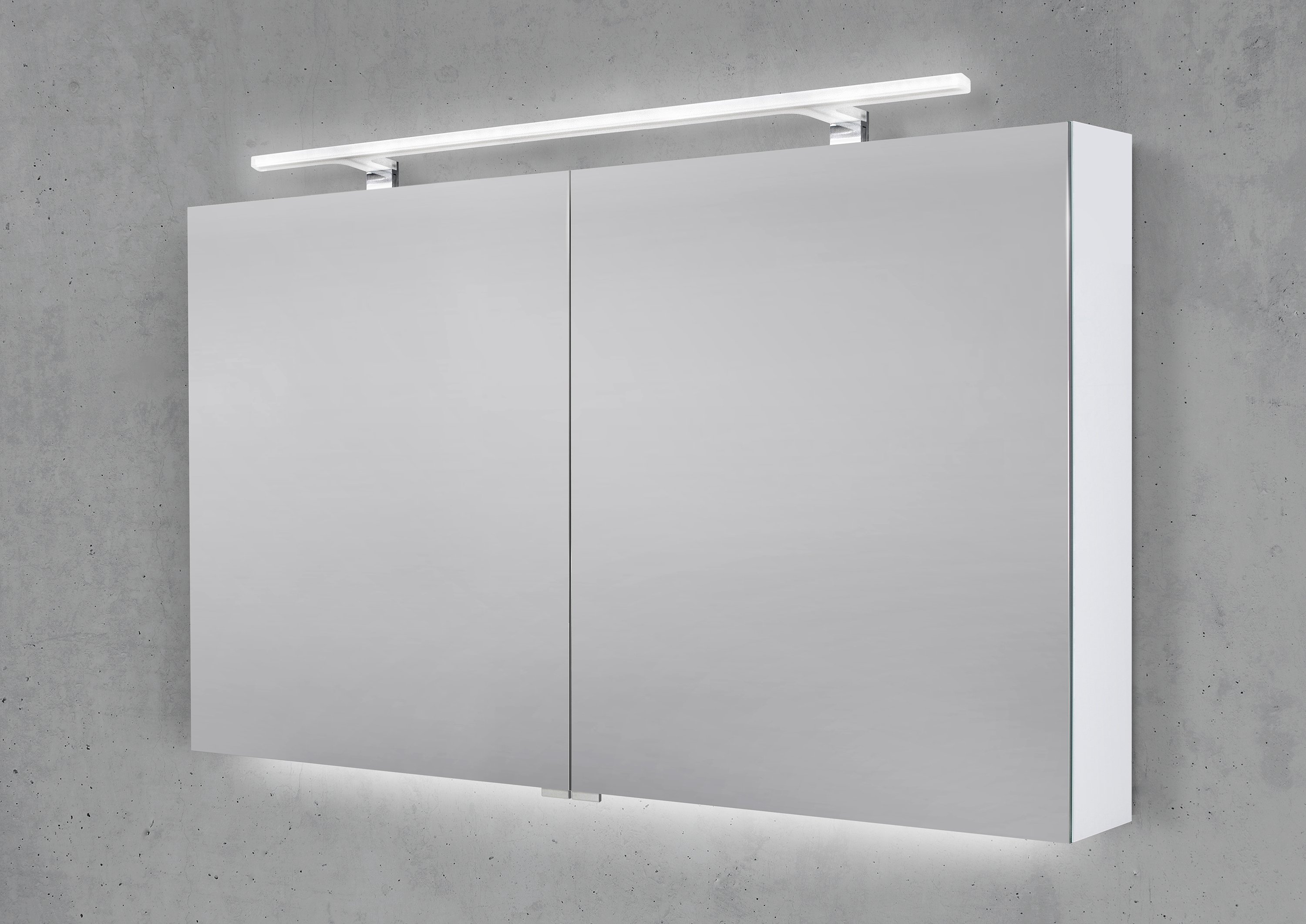 Spiegelschrank 120 cm mit MULTI LED Acryl Aufsatzleuchte Doppelspiegeltüren