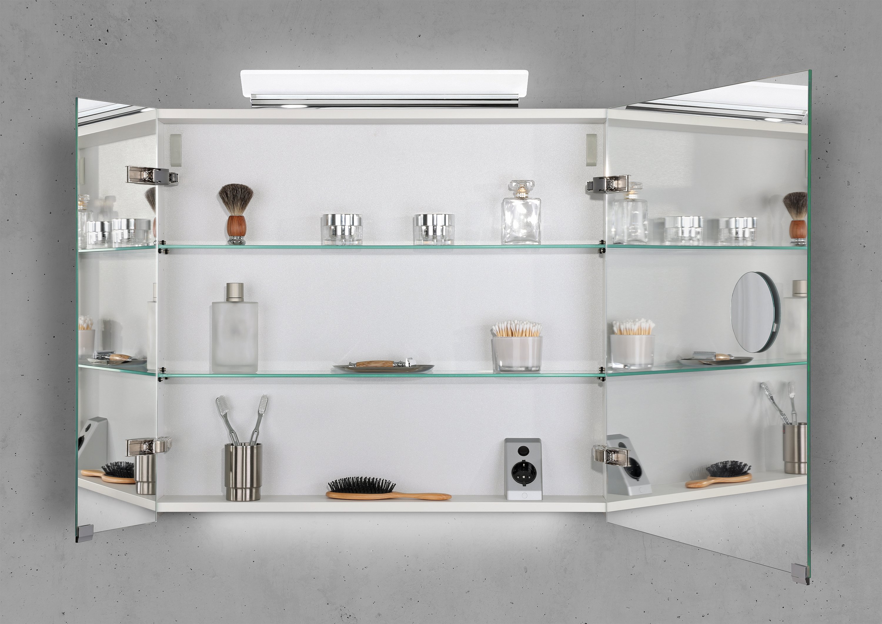 Spiegelschrank 80 cm LED Acryl Aufsatzleuchte doppelseitig verspiegelt