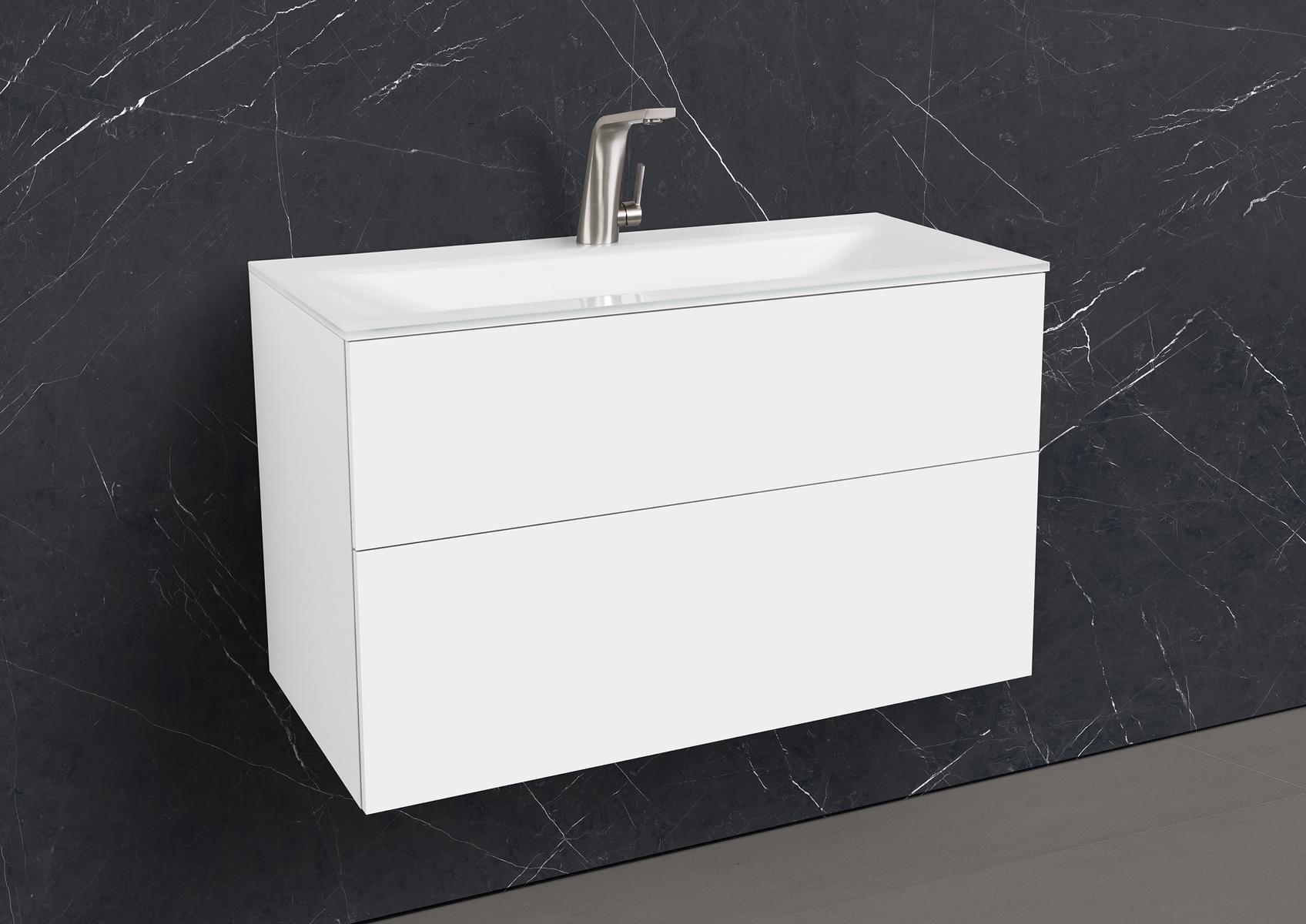 Saphir - Badmöbelset 90 cm mit Glaswaschtisch und grifflosem Unterschrank
