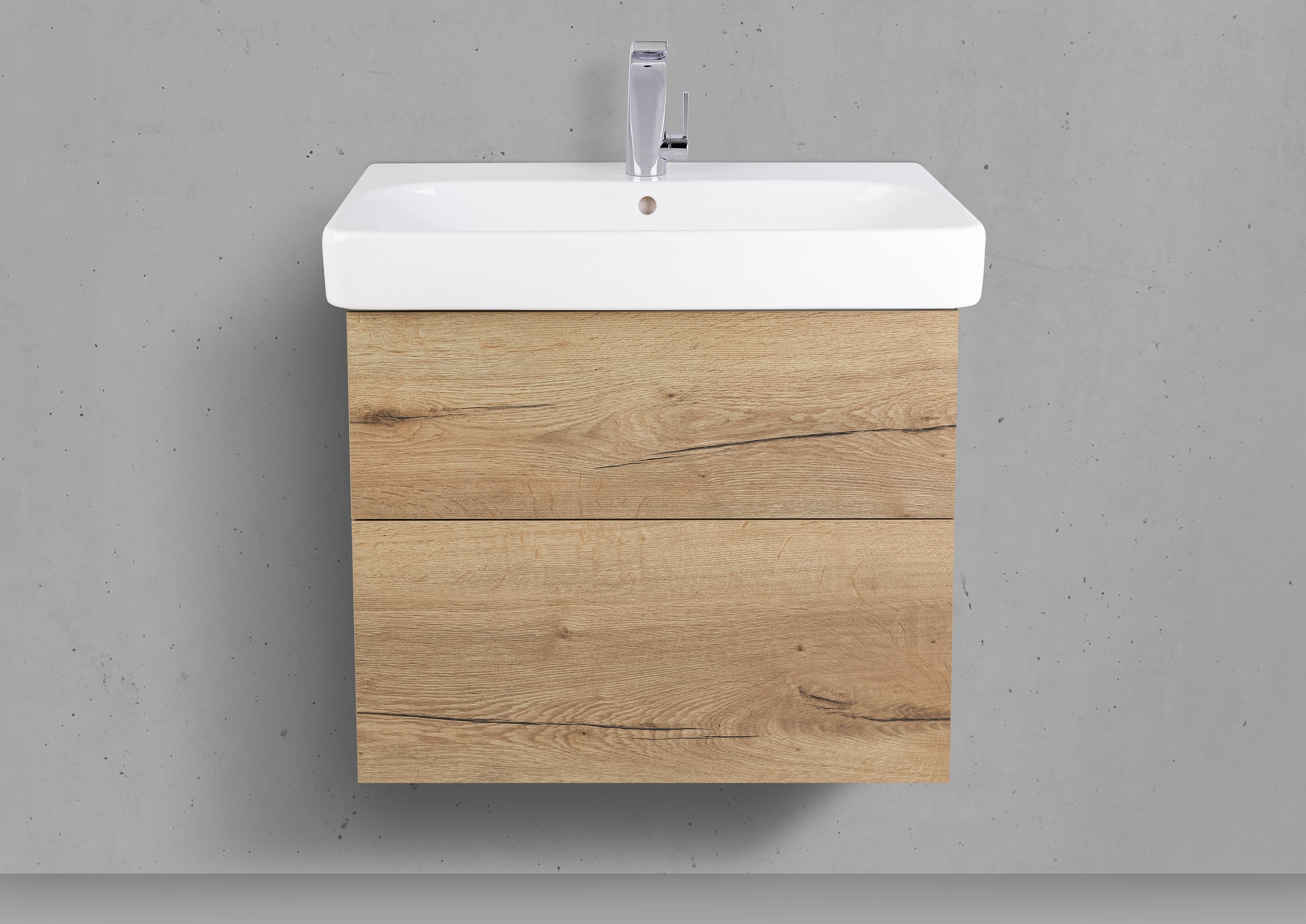 Badmöbel Shape mit Geberit Smyle Square Waschtisch 60 cm, grifflosem Unterschrank und Spiegelschrank