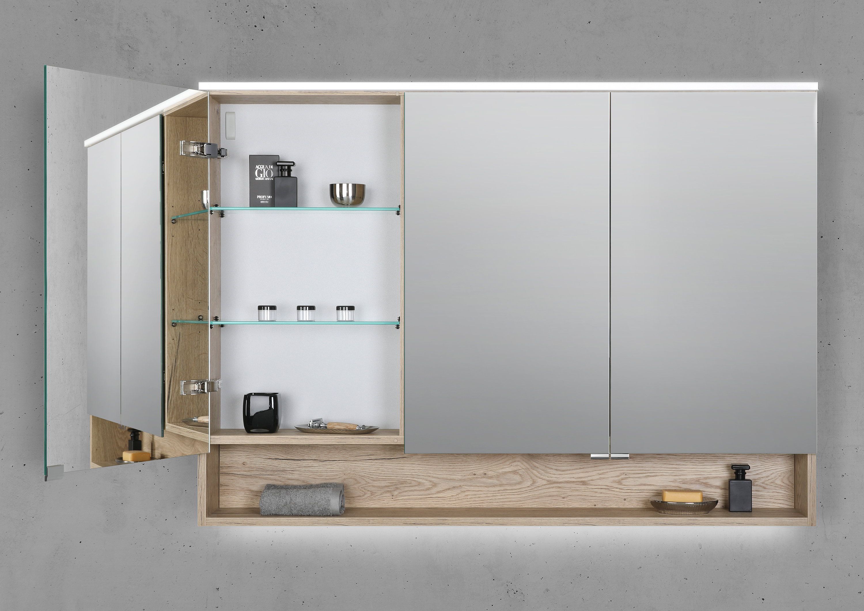 Spiegelschrank 120 cm mit offenem Fach MULTI Light LED Beleuchtung Doppelspiegeltüren