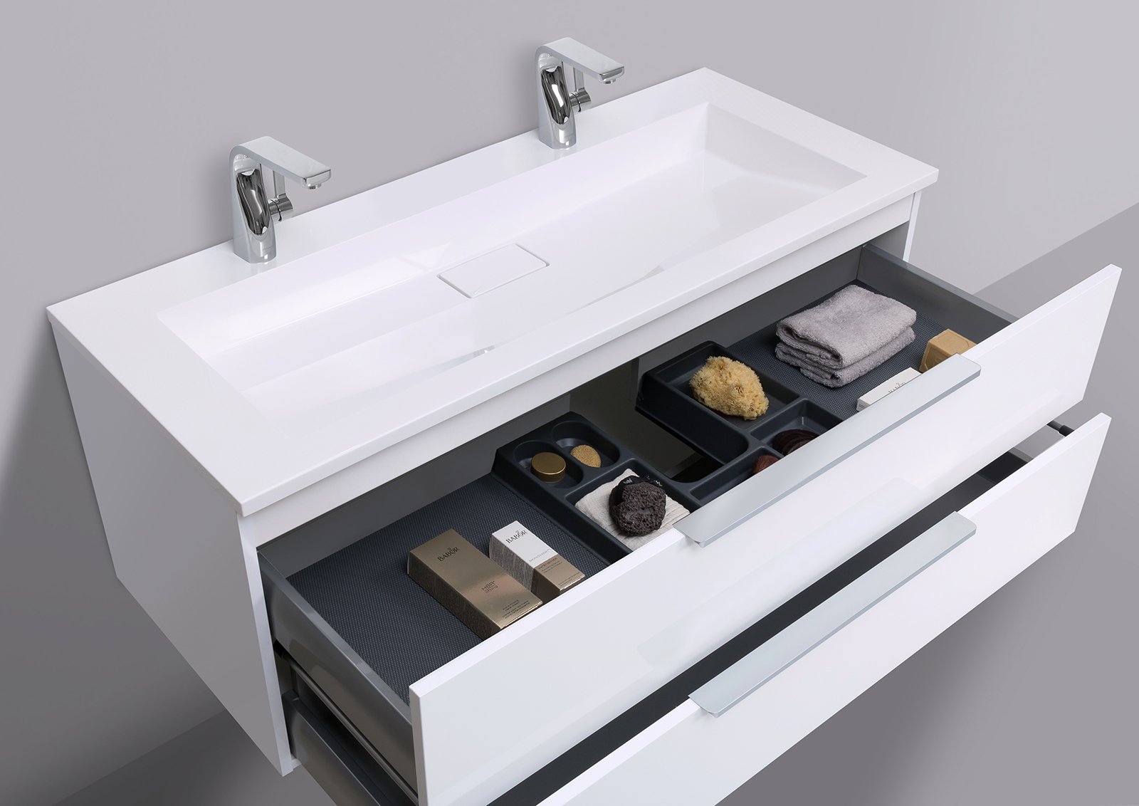 Badmöbel Set Intarbad CUBO 120 cm Doppelwaschbecken, Unterschrank und Led Spiegel Multilight