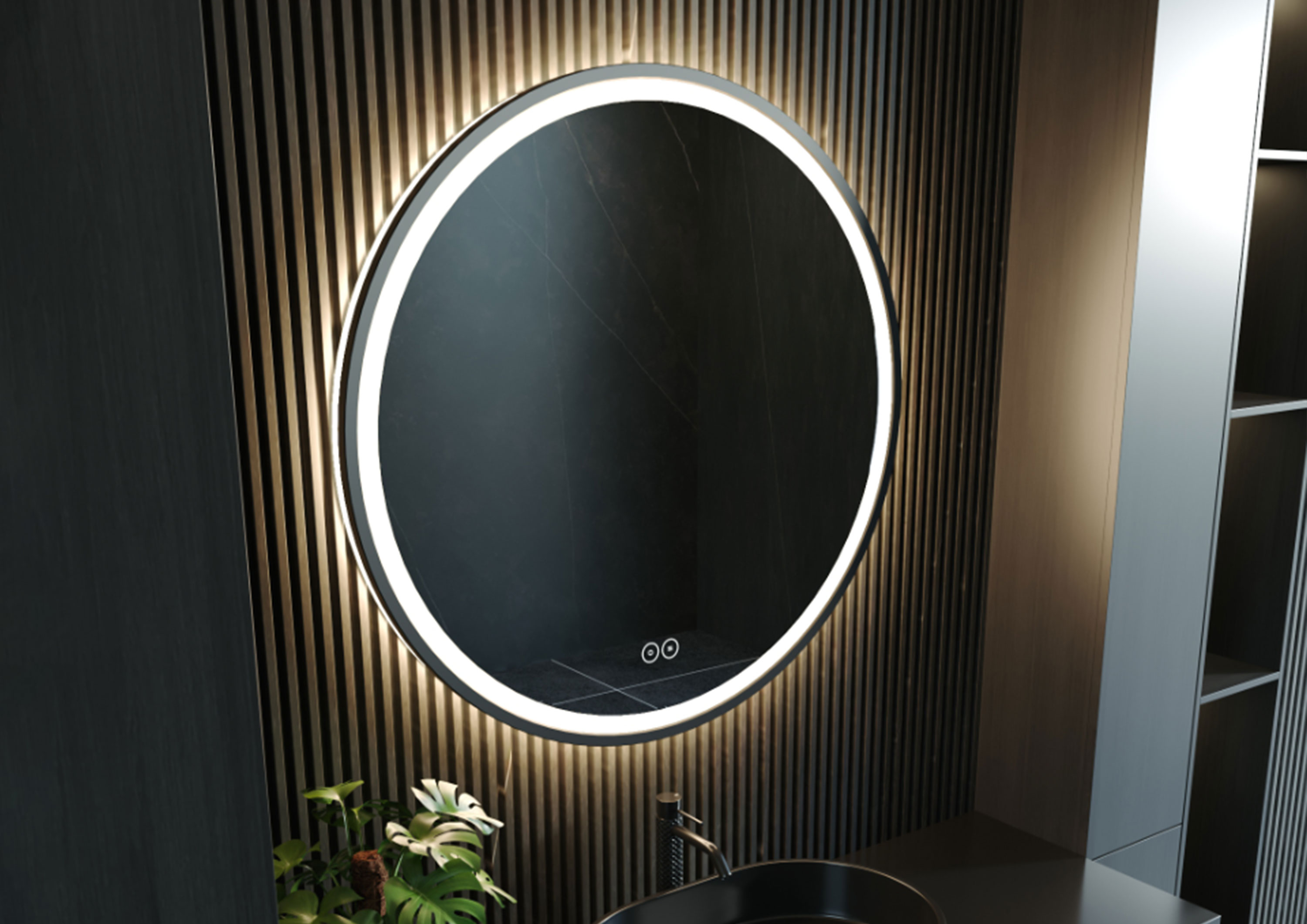 Design LED-Lichtspiegel Rund 80cm Ø mit schwarzem Rahmen