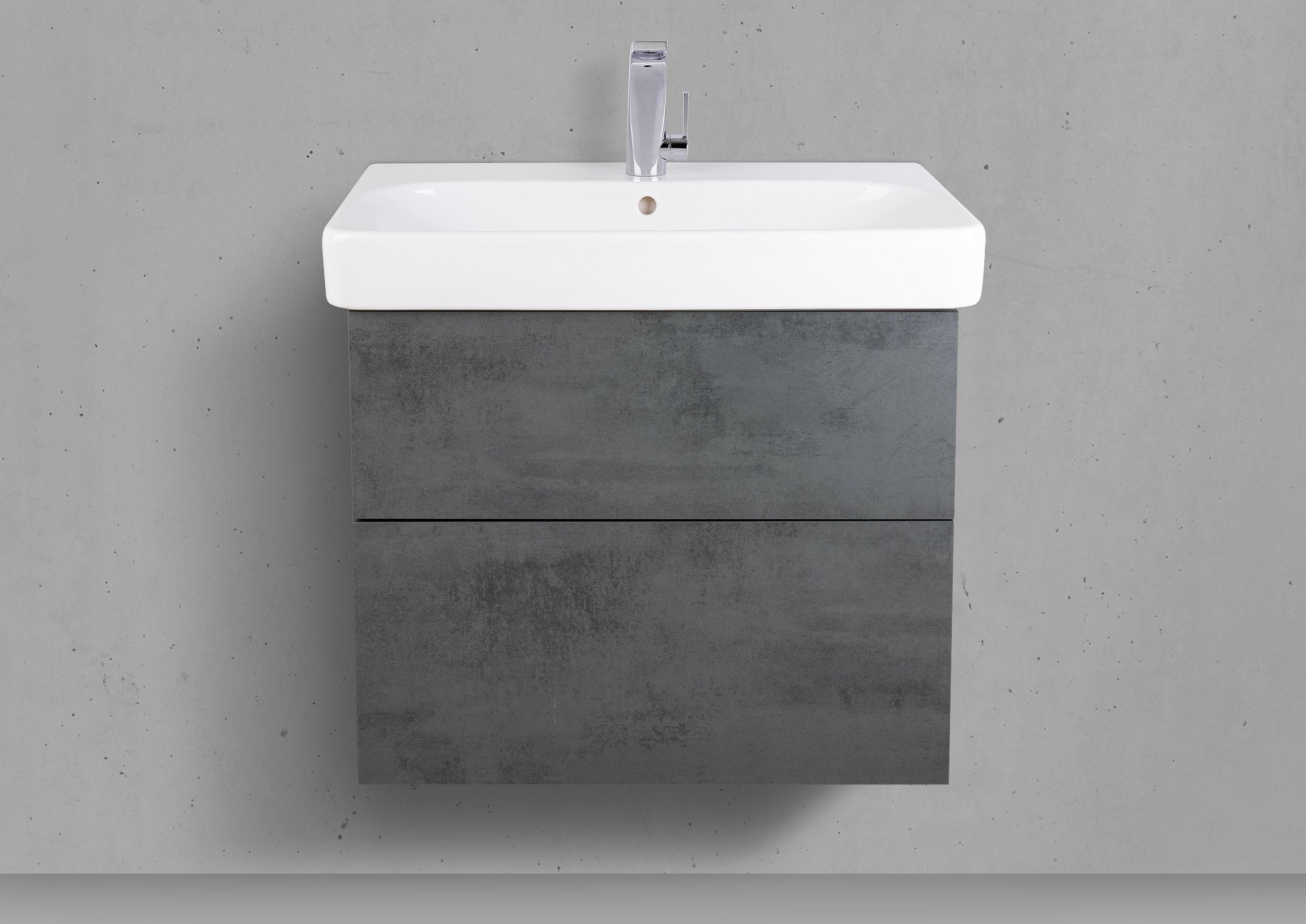 Badmöbel Shape mit Geberit Smyle Square Waschtisch 60 cm, grifflosem Unterschrank und Spiegelschrank