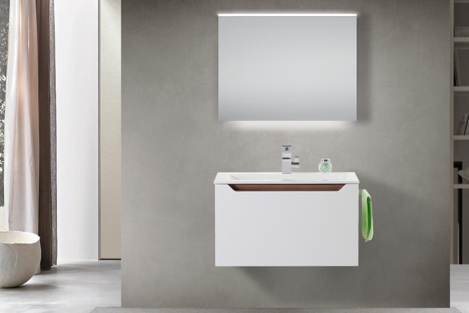 Design Badmöbel Set Waschtisch Griffleiste Halifax Eiche Tabak