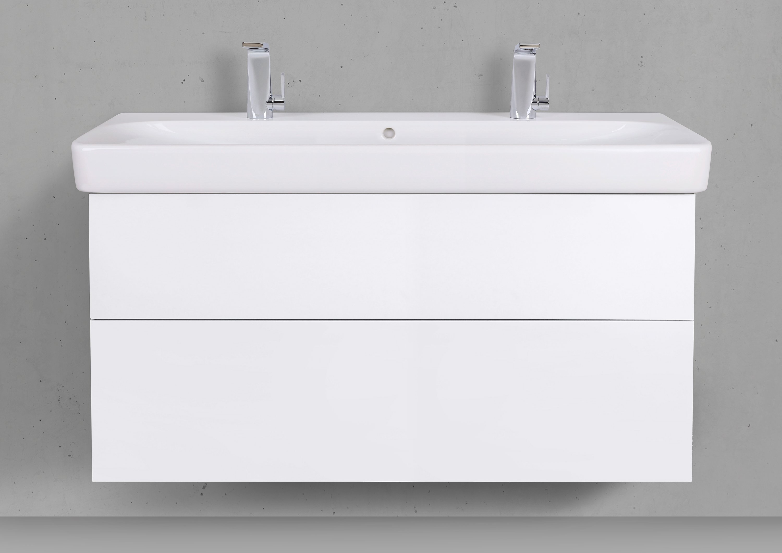 Badmöbelset Shape 120 cm inkl. Geberit Smyle Square Doppelwaschtisch mit Unterschrank Push to Open
