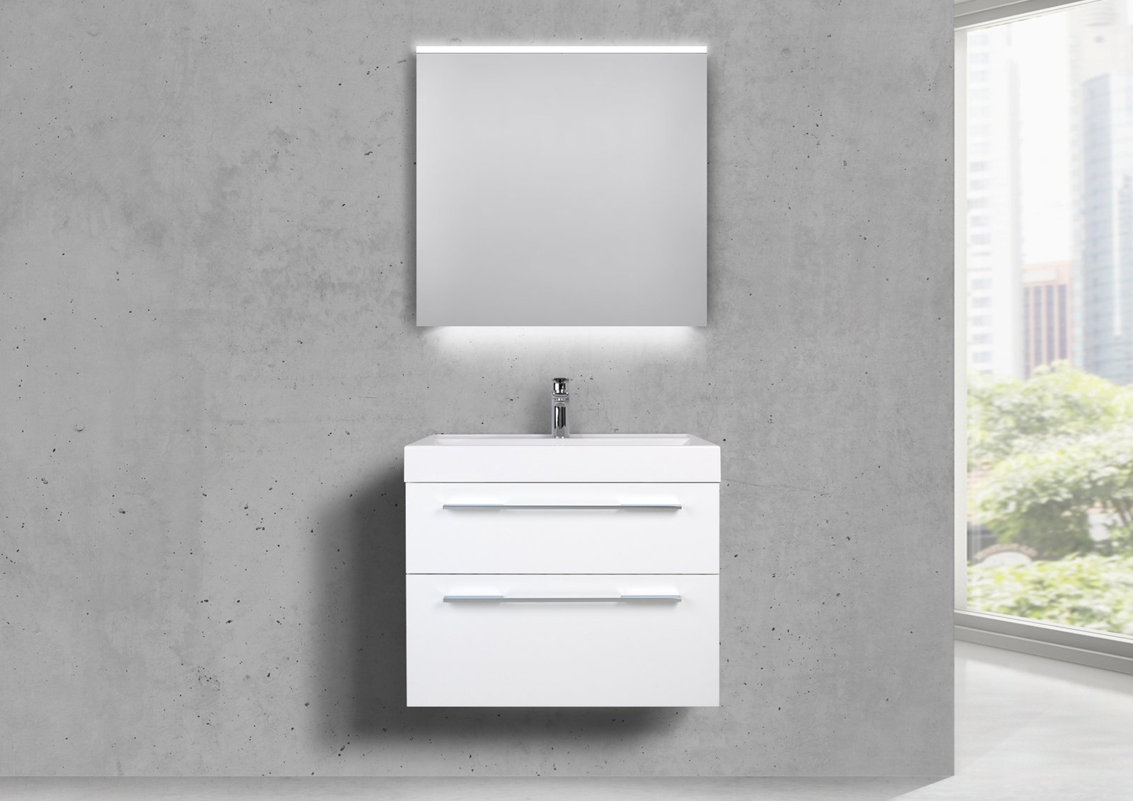 Design Badmöbel 70 cm Waschtisch mit Unterschrank und Lichtspiegel LED