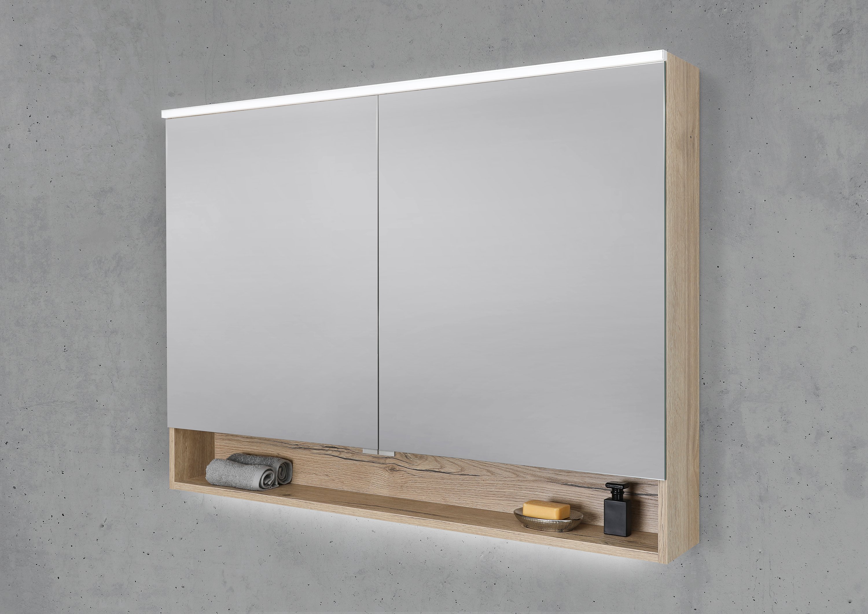 Spiegelschrank 120 cm mit offenem Fach MULTI Light LED Beleuchtung Doppelspiegeltüren