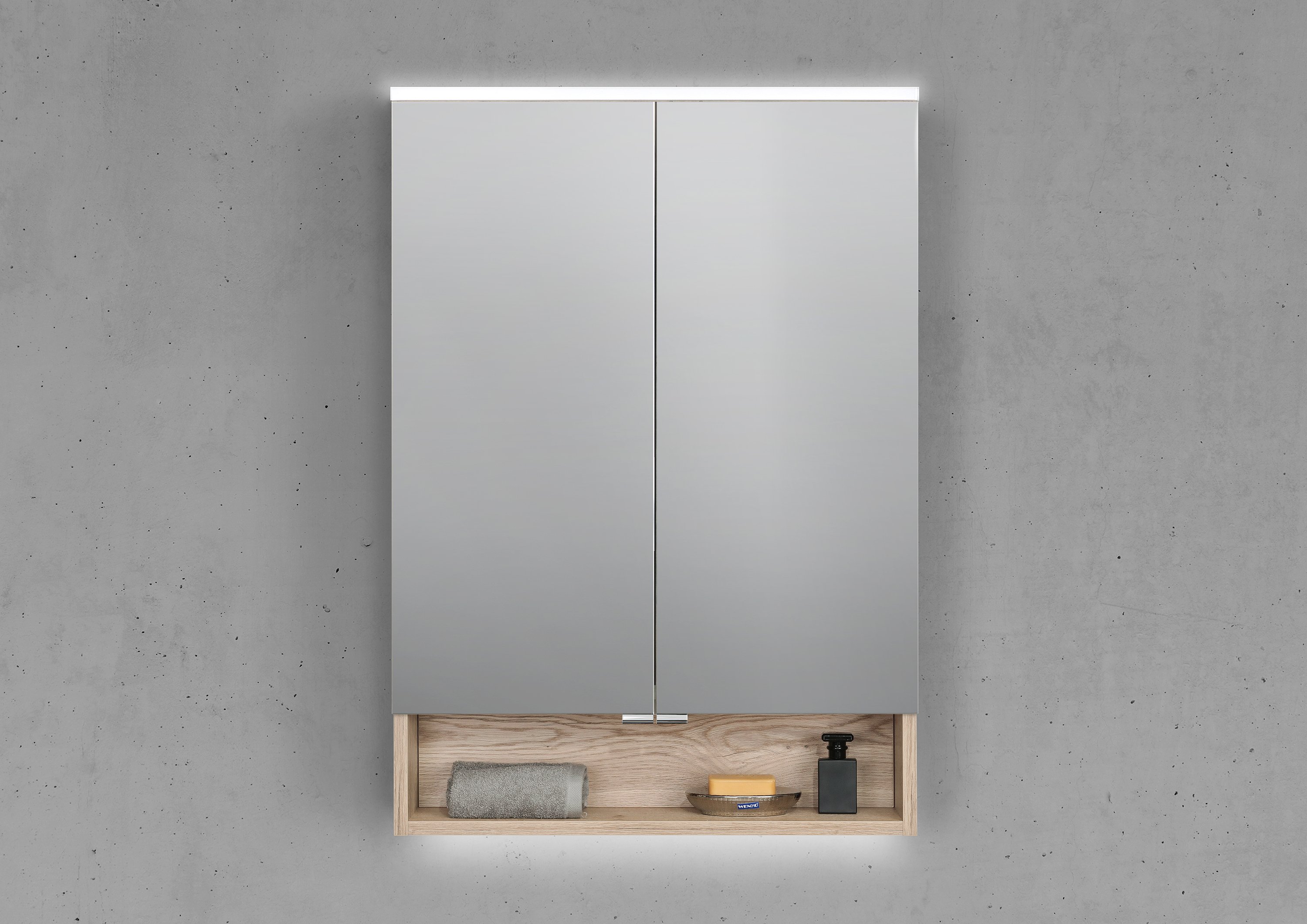 Spiegelschrank 60 cm mit offenem Fach integrierte MULTI Light LED Beleuchtung Doppelspiegeltüren