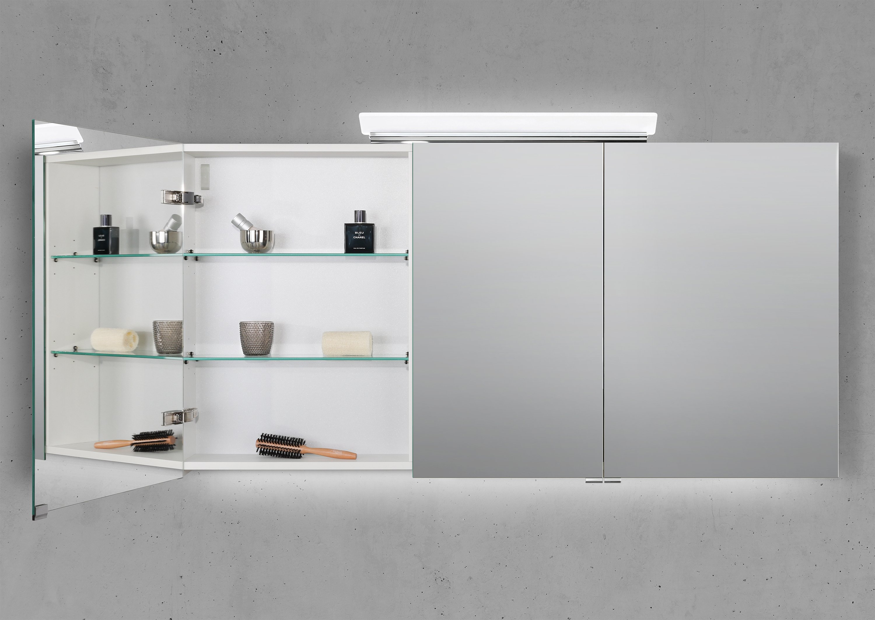 Spiegelschrank 140 cm LED Acryl Aufsatzleuchte doppelseitig verspiegelt