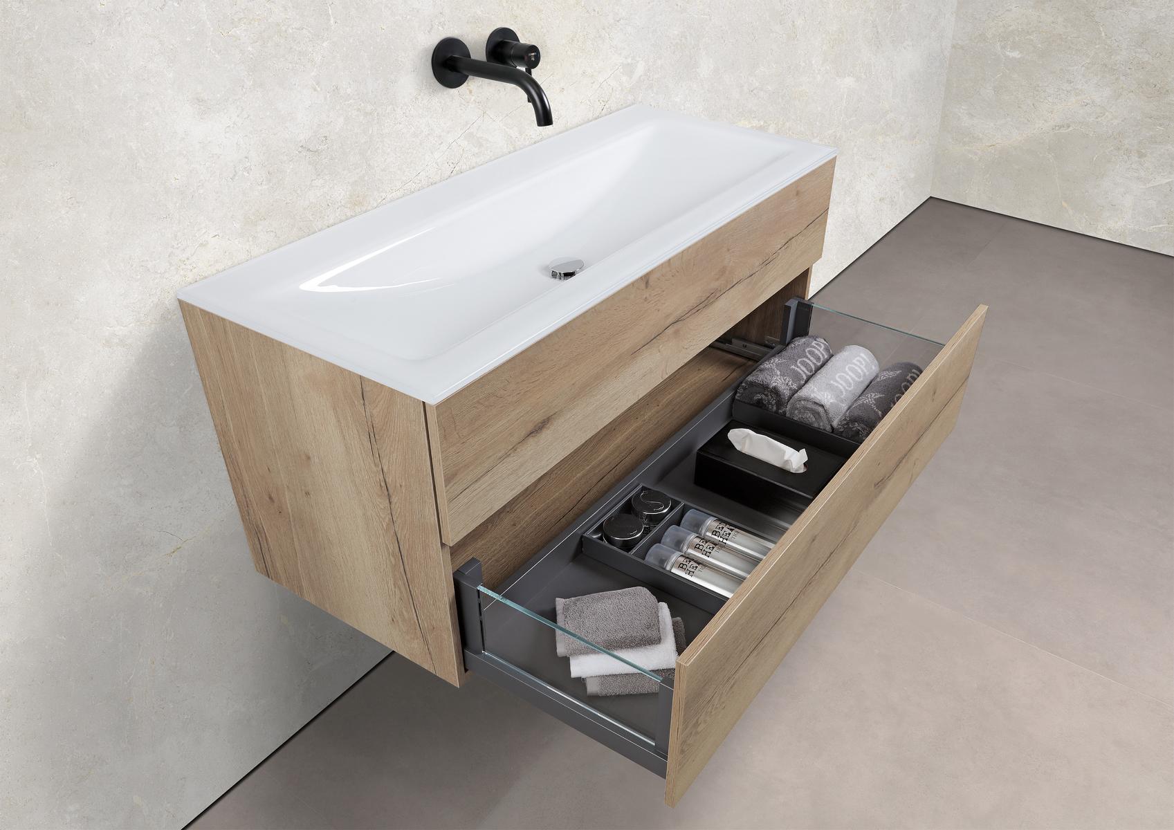Saphir - Badmöbelset 120 cm mit Glaswaschbecken (Einzel) und grifflosem Unterschrank