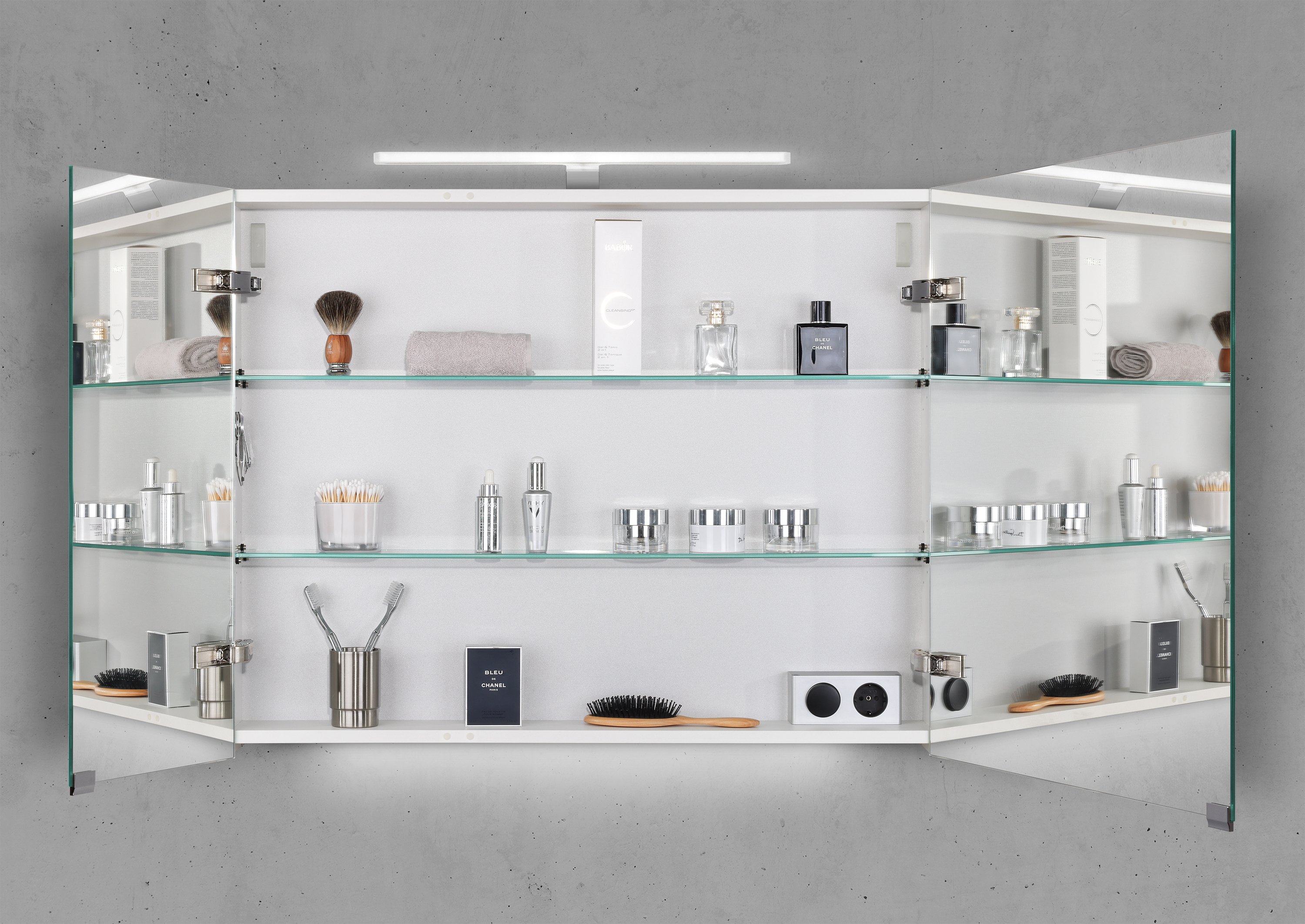 Spiegelschrank 90 cm mit MULTI LED Acryl Aufsatzleuchte Doppelspiegeltüren