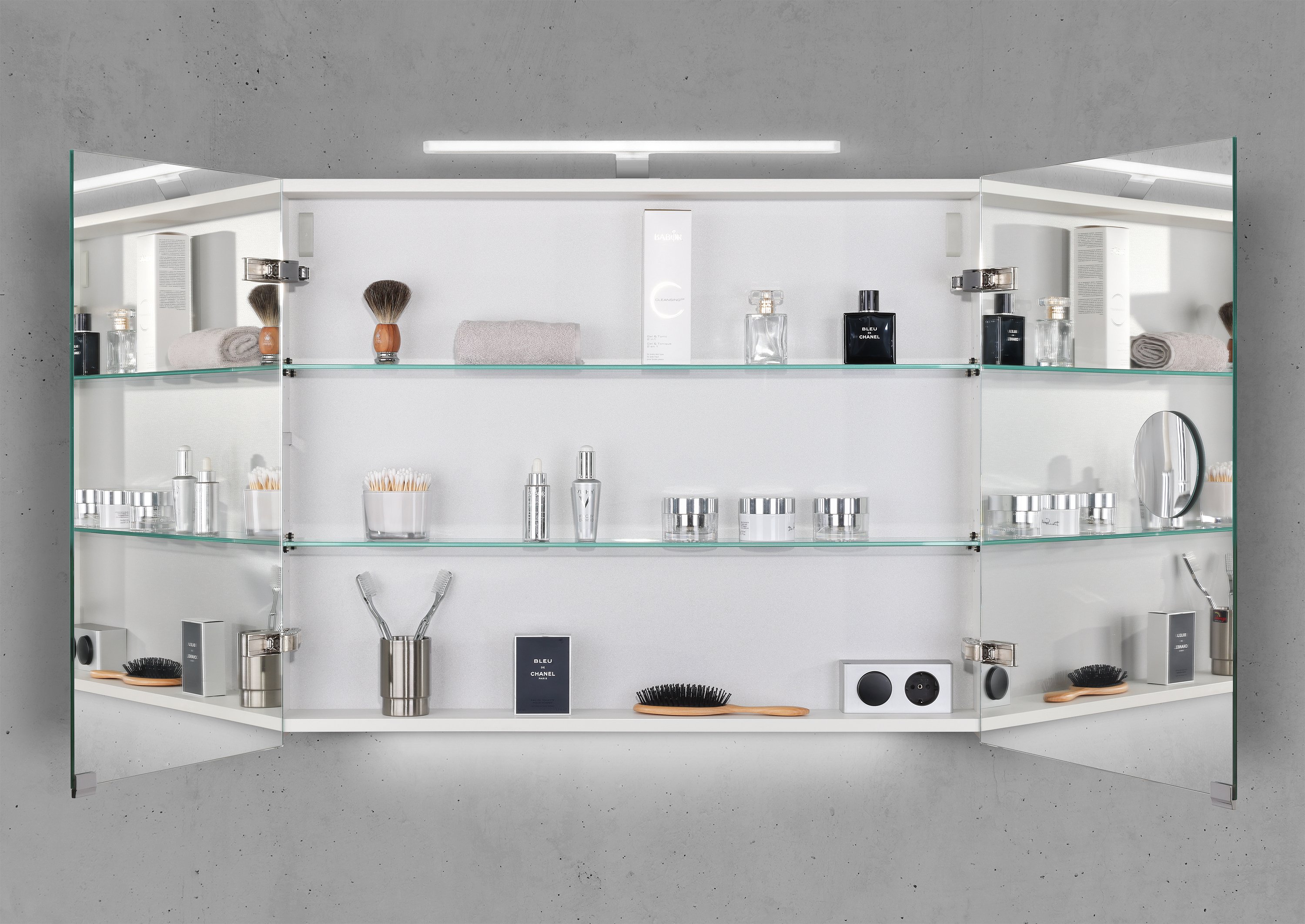 Spiegelschrank 90 cm mit MULTI LED Acryl Aufsatzleuchte Doppelspiegeltüren