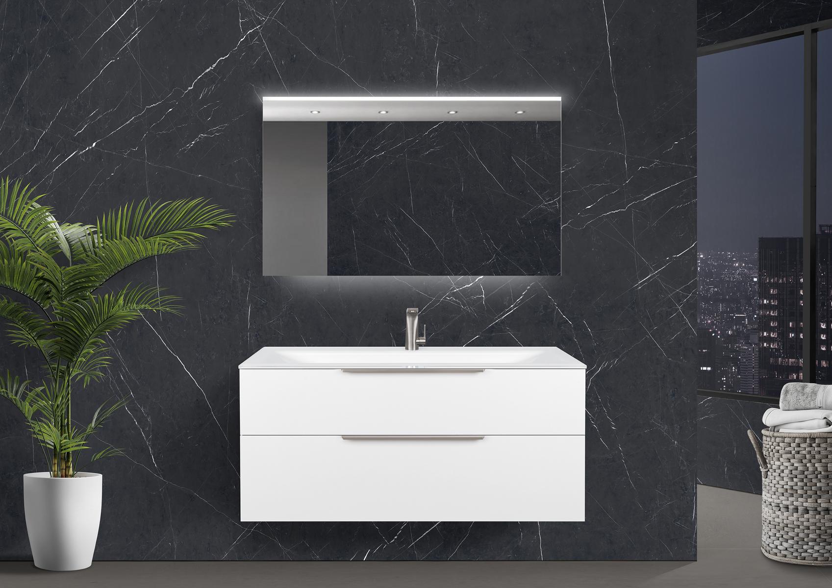 Saphir - Badmöbelset 120 cm mit Glaswaschbecken (Einzel), Unterschrank und Lichtspiegel
