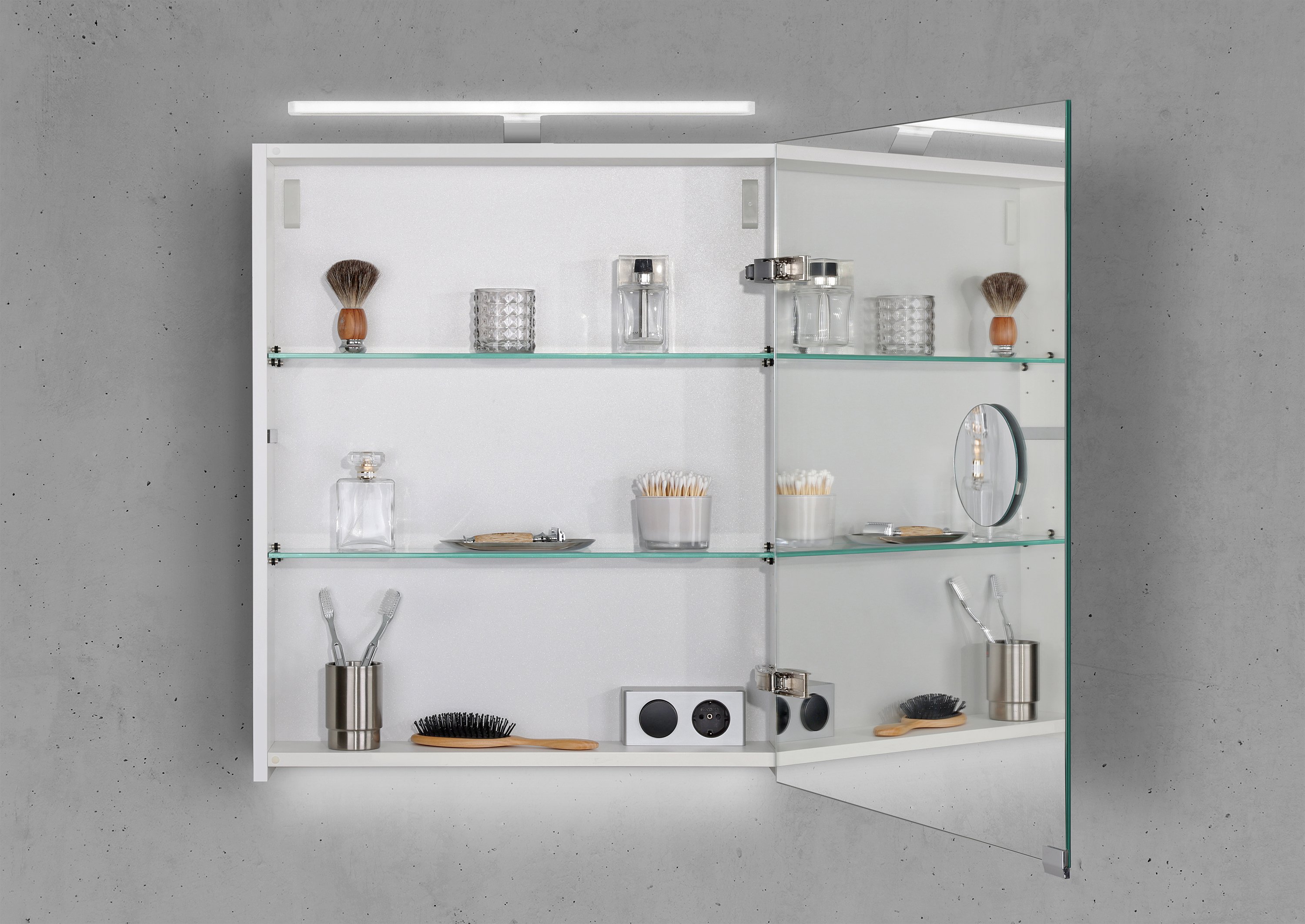 Spiegelschrank 60 cm mit MULTI LED Acryl Aufsatzleuchte Doppelspiegeltür