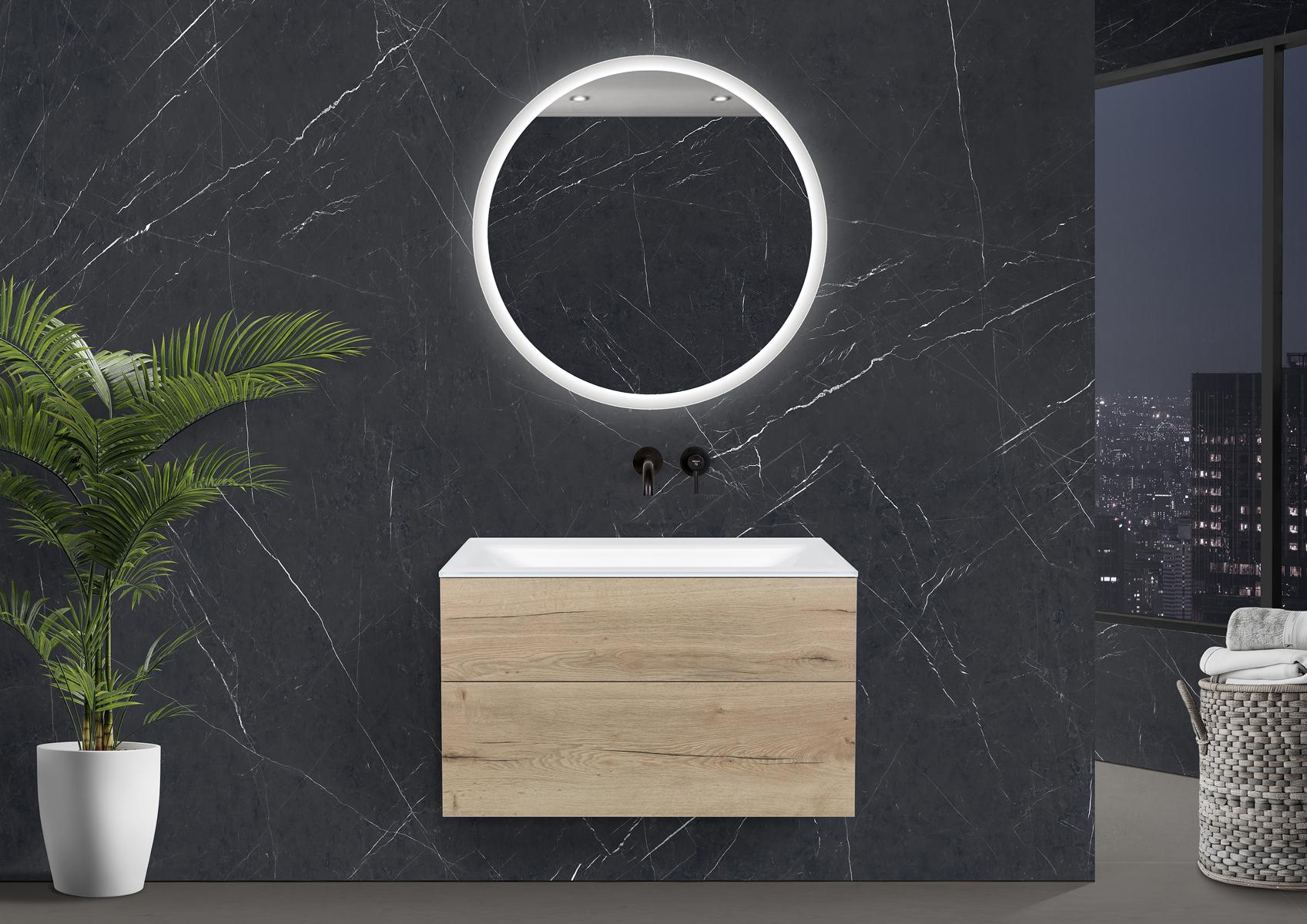 Saphir - Badmöbelset 90 cm mit Glaswaschtisch, griffloser Unterschrank und Lichtspiegel