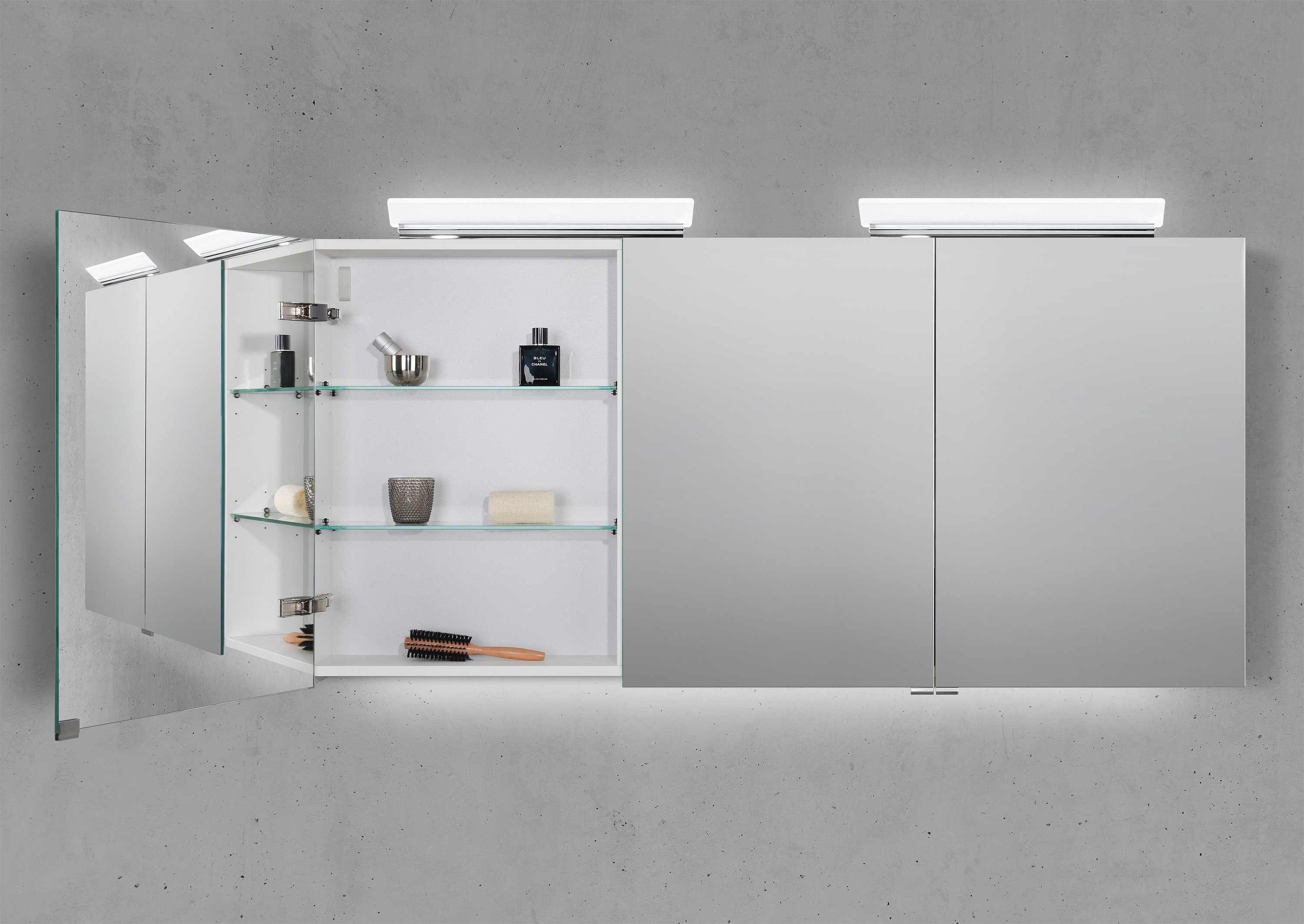 Spiegelschrank 150 cm 2x LED Acryl Aufsatzleuchte doppelseitig verspiegelt