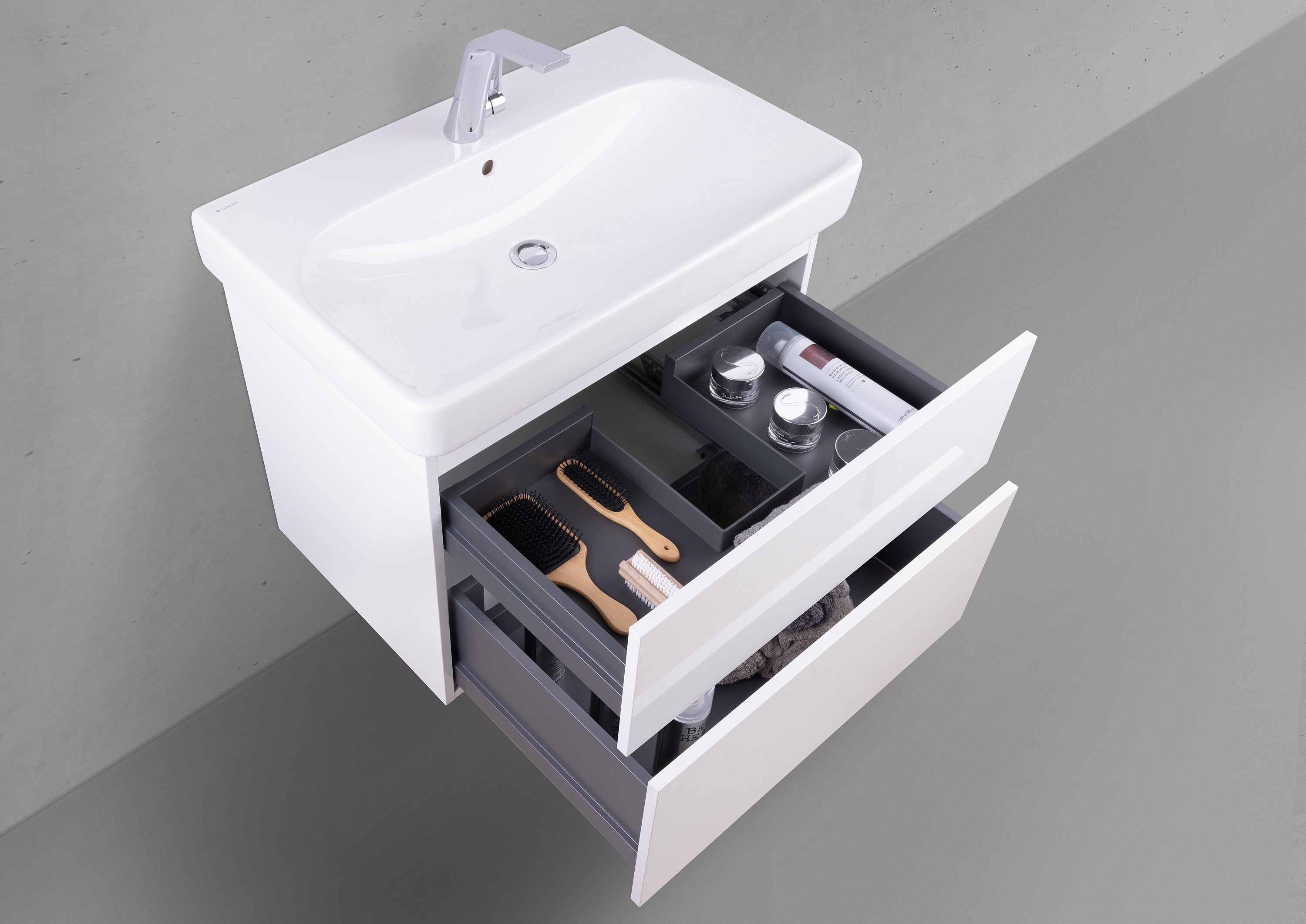 Badset Shape, Geberit Smyle Square WT 75 cm, Unterschrank grifflos und Spiegelschrank
